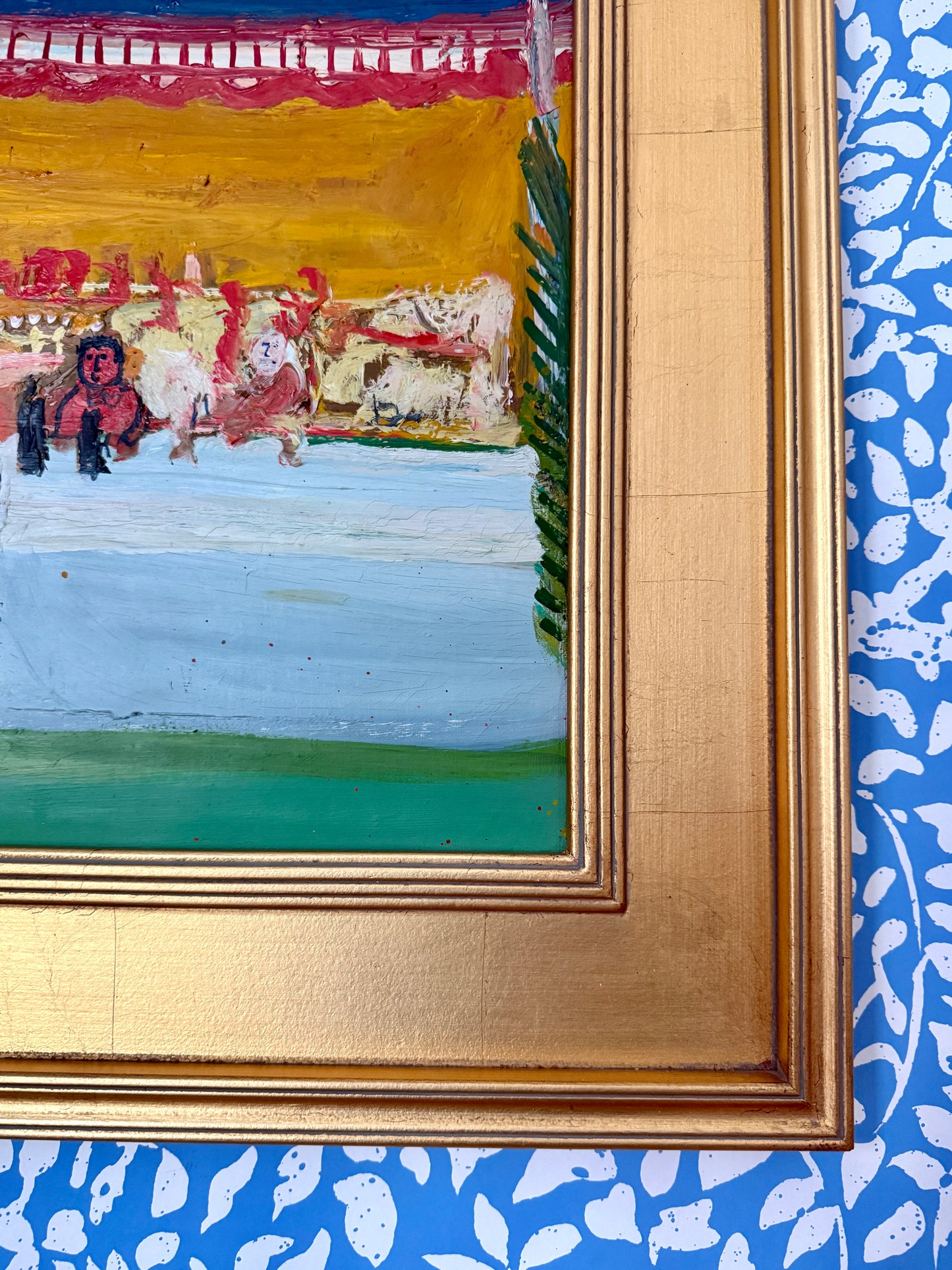 Mid Century French Garden Party Oil Painting in Gold Frame