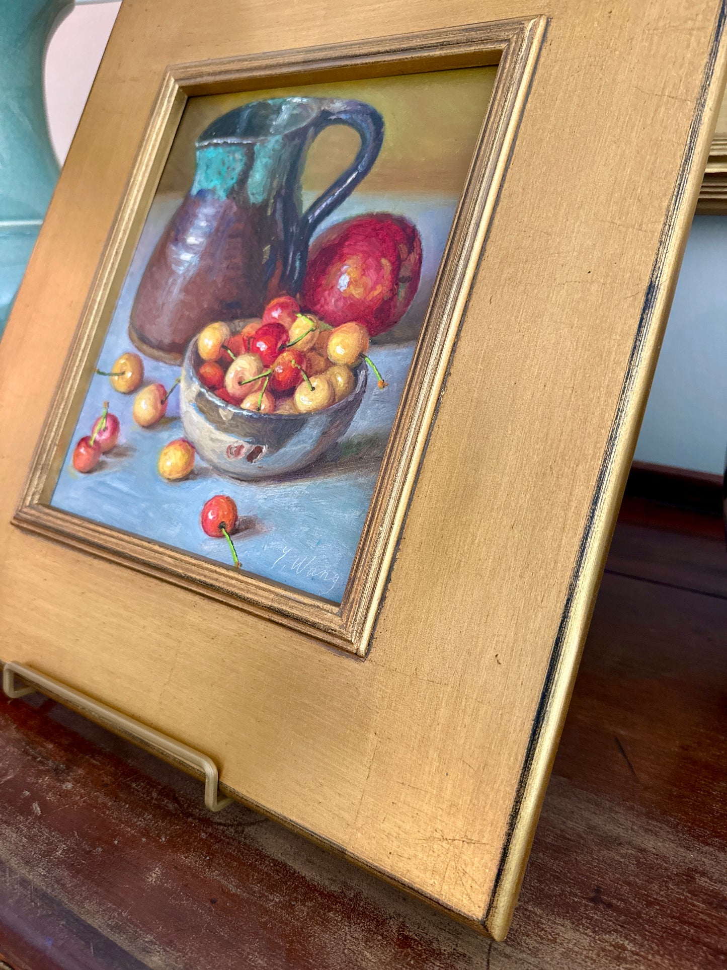 Rainier Cherries in Silver Bowl with Stoneware Pitcher and Apple Realist Still Life Oil Painting in Gold Frame