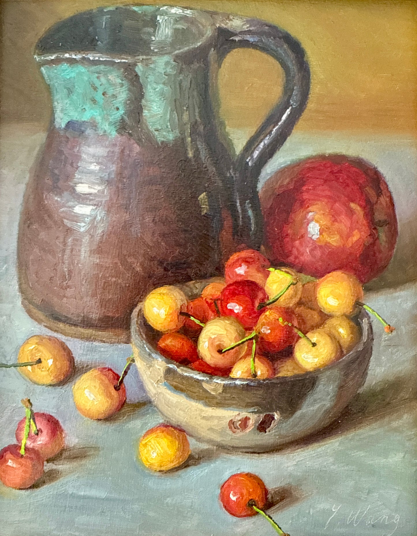 Rainier Cherries in Silver Bowl with Stoneware Pitcher and Apple Realist Still Life Oil Painting in Gold Frame