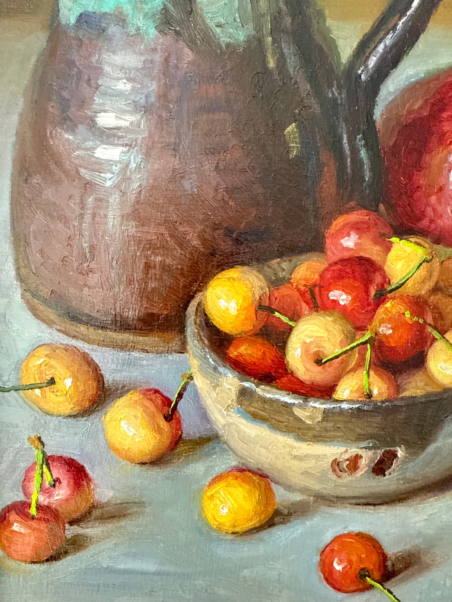 Rainier Cherries in Silver Bowl with Stoneware Pitcher and Apple Realist Still Life Oil Painting in Gold Frame
