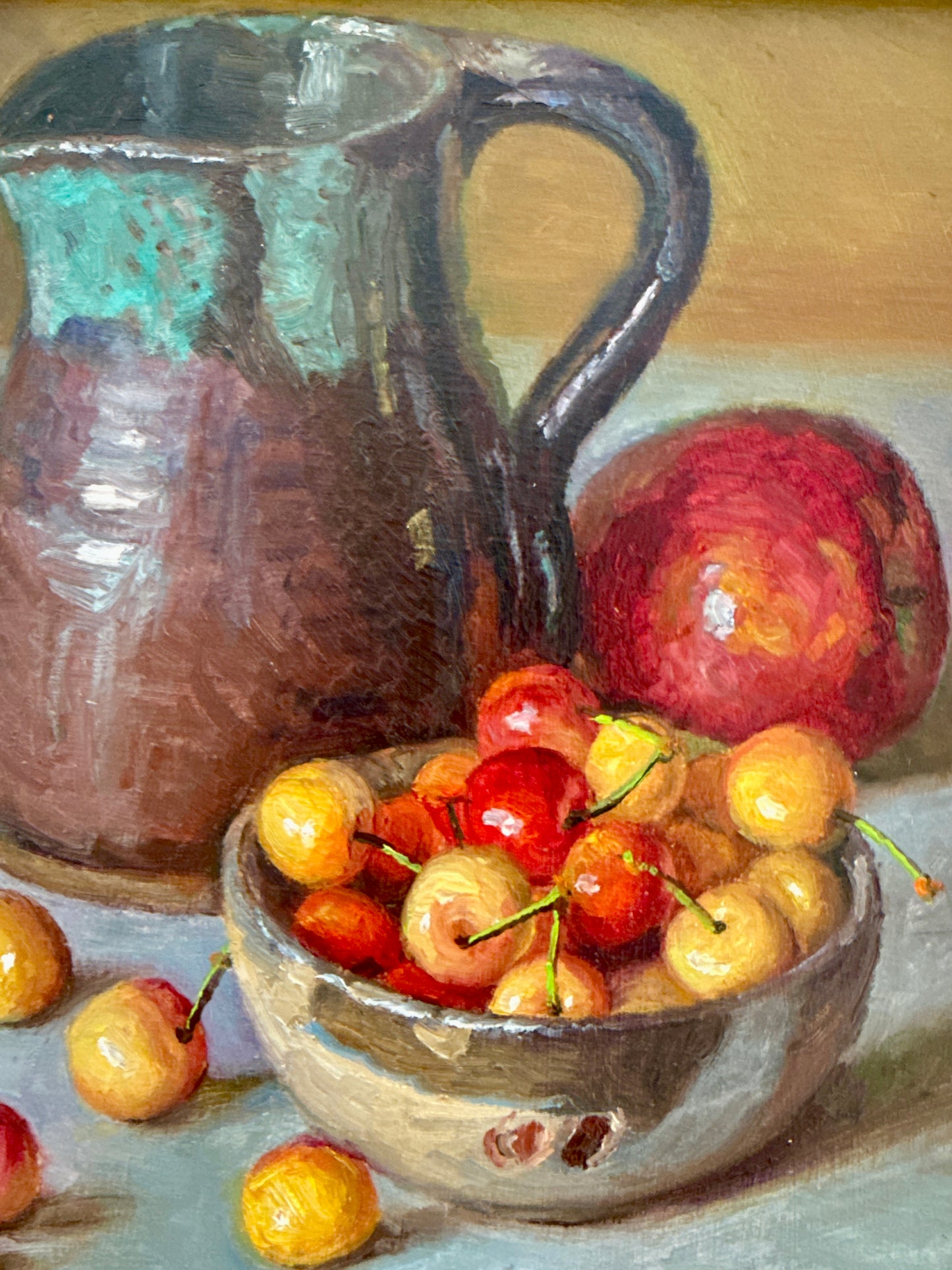 Rainier Cherries in Silver Bowl with Stoneware Pitcher and Apple Realist Still Life Oil Painting in Gold Frame