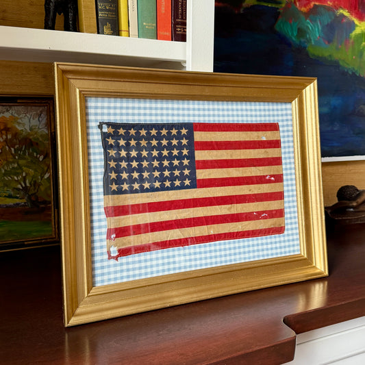Vintage 48 Star American Flag on Light Blue Gingham Fabric in Gold Frame