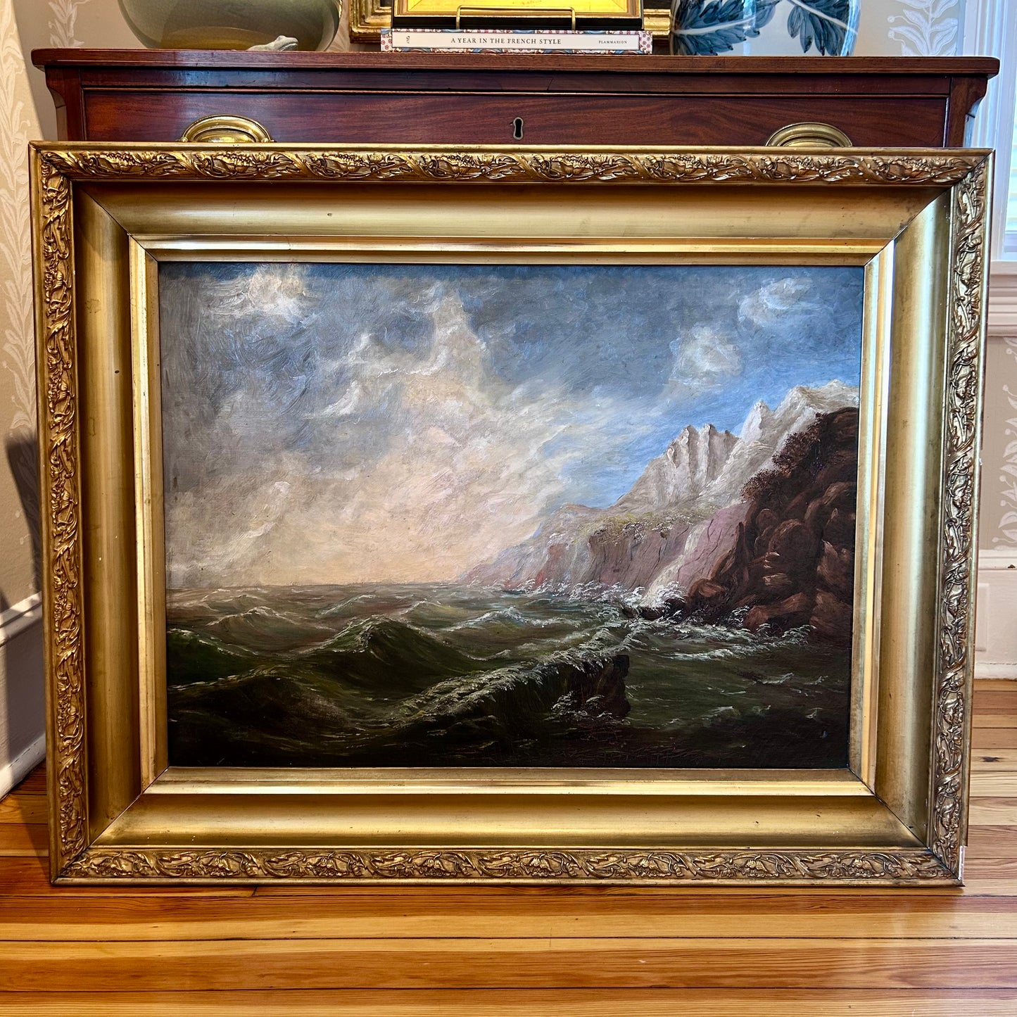 19th Century American Seascape Oil Painting in Ornate Antique Gold Frame
