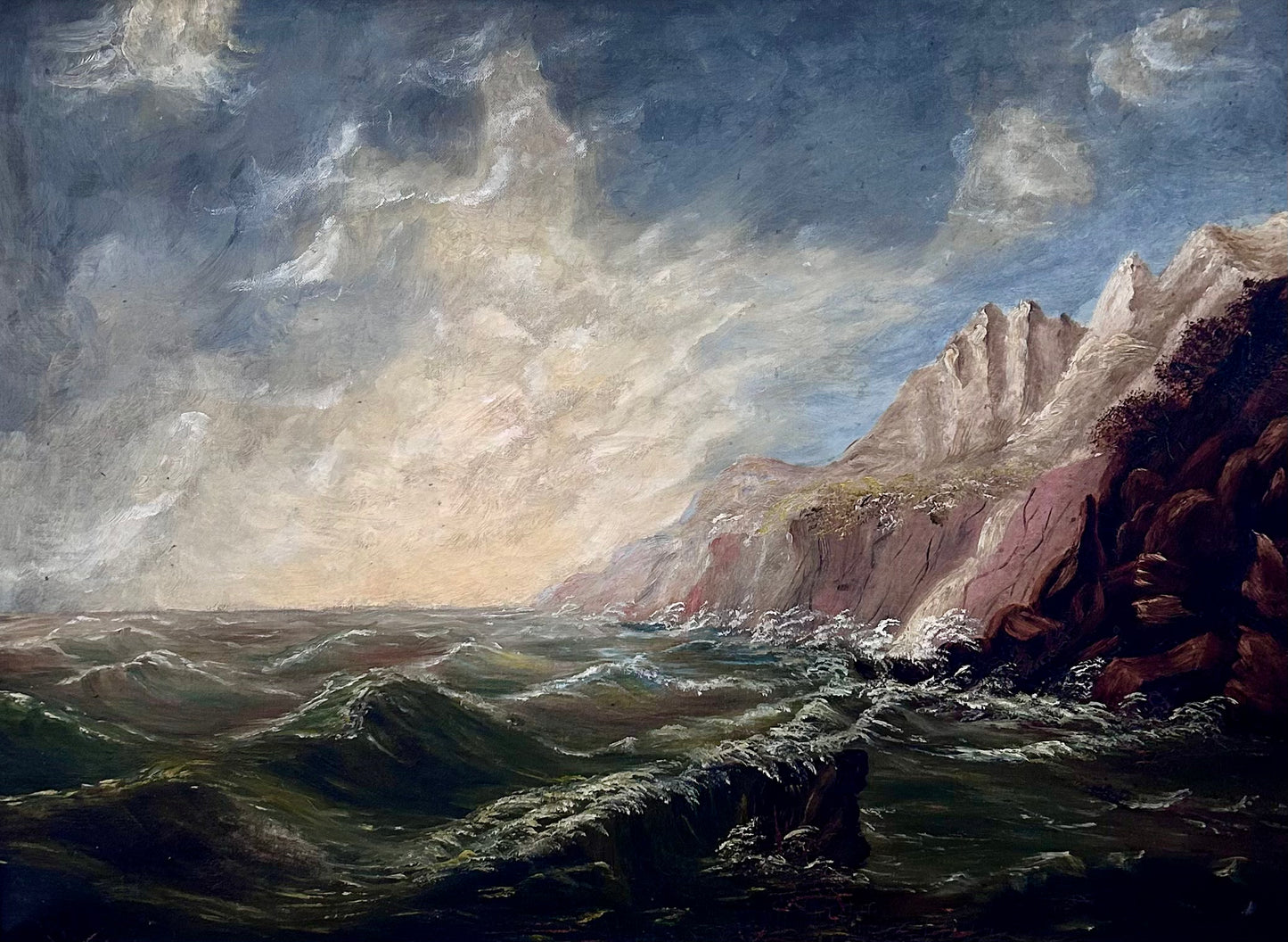 19th Century American Seascape Oil Painting in Ornate Antique Gold Frame