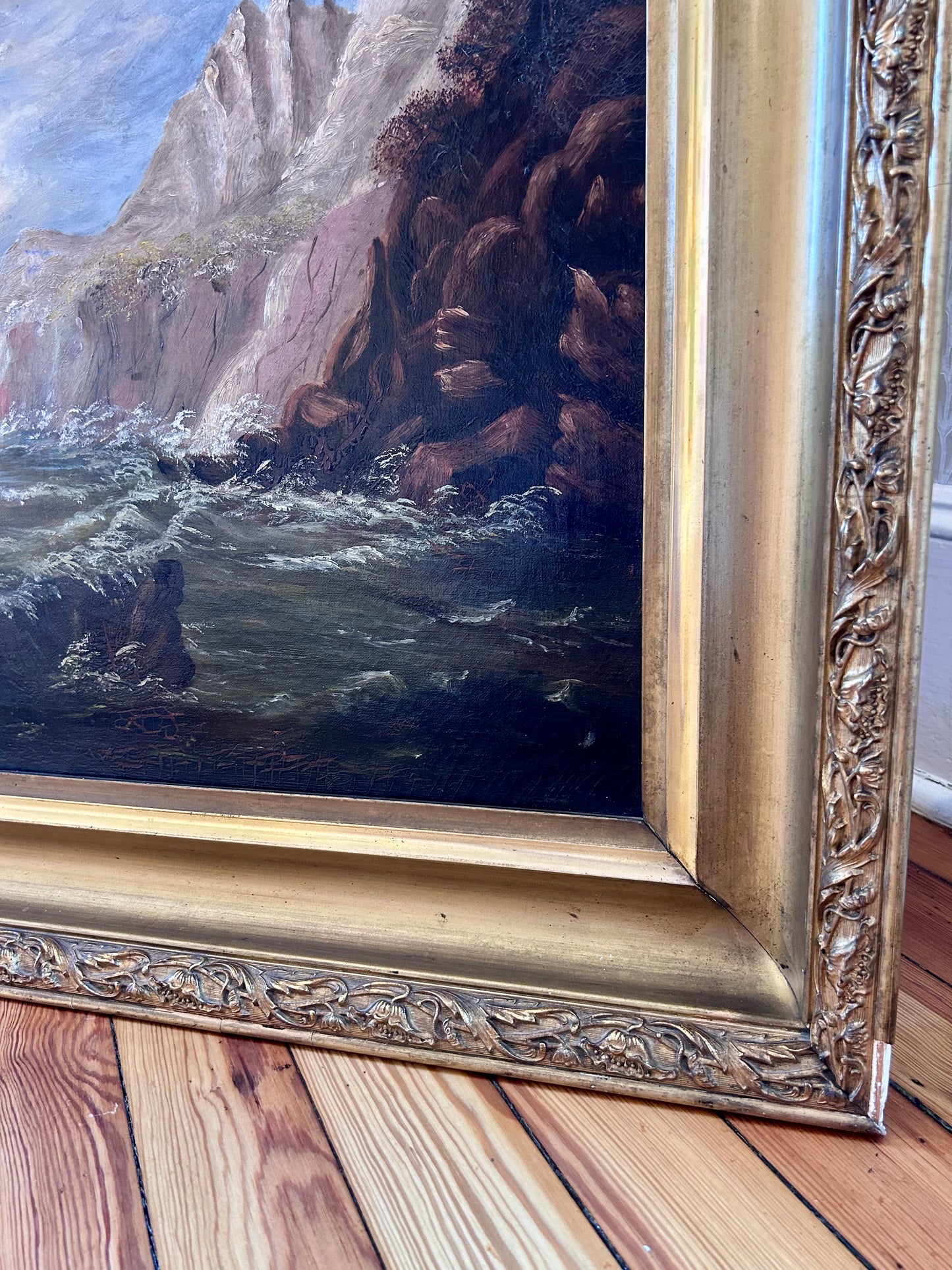 19th Century American Seascape Oil Painting in Ornate Antique Gold Frame