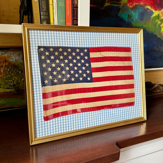 Vintage 50 Staggered Star American Flag on Light Blue Gingham Fabric in Gold Frame