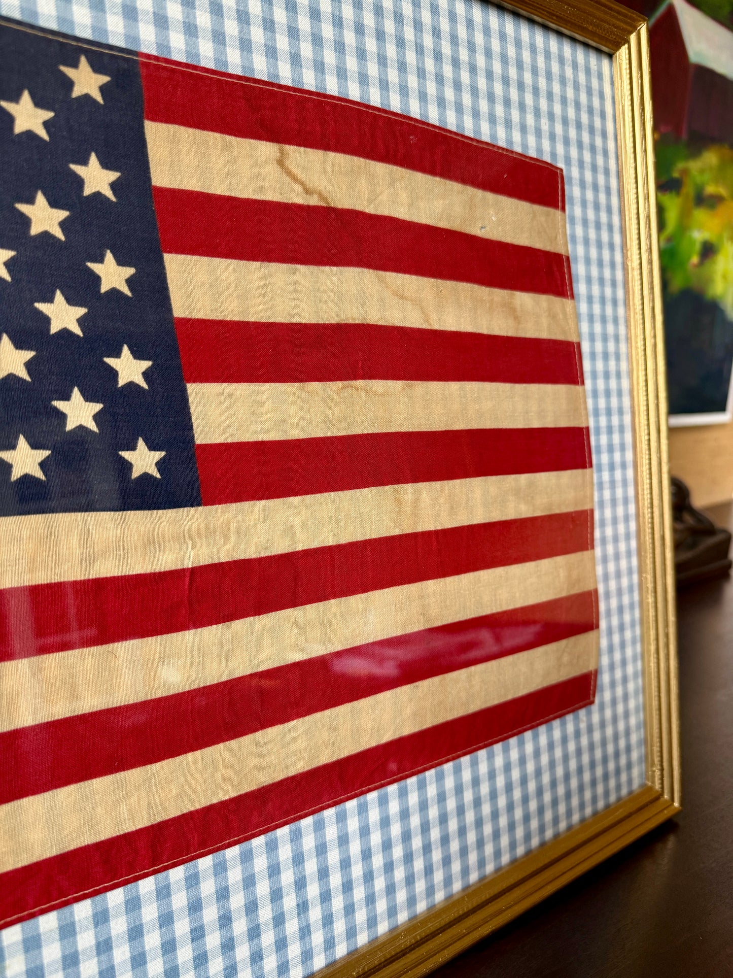 Vintage 50 Staggered Star American Flag on Light Blue Gingham Fabric in Gold Frame
