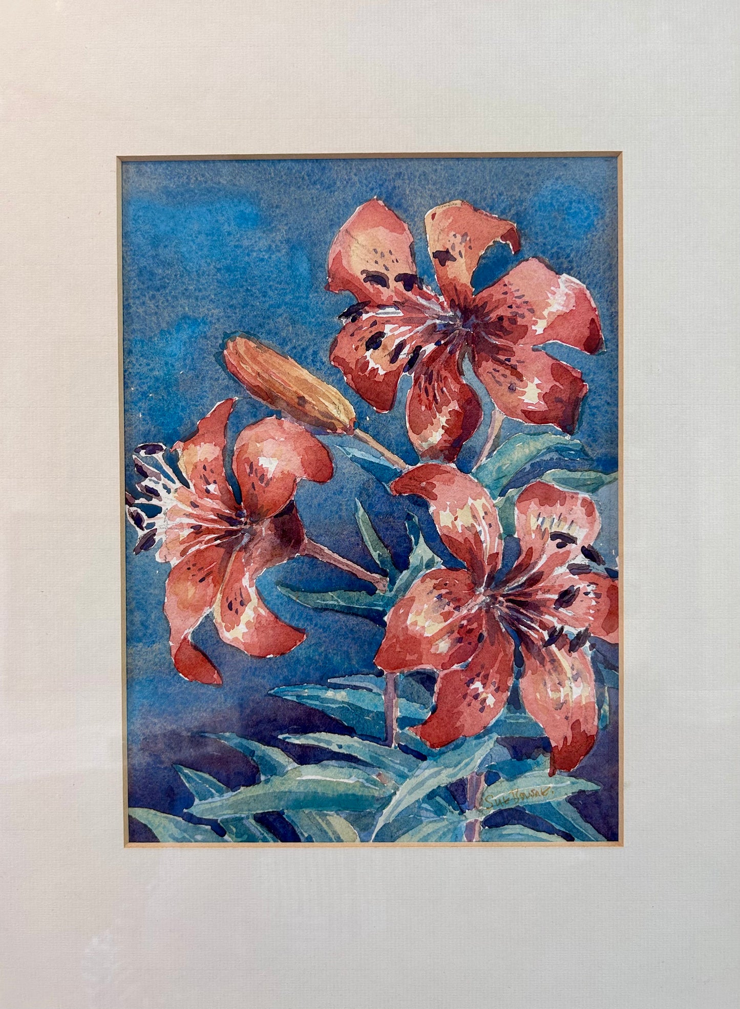 Susan Bourne Botanical Orange Tiger Lillies I Watercolor Painting In Gold Frame