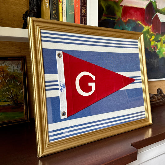 Vintage "G" Initial Canvas Burgee Nautical Flag on Blue White Stars in Gold Frame