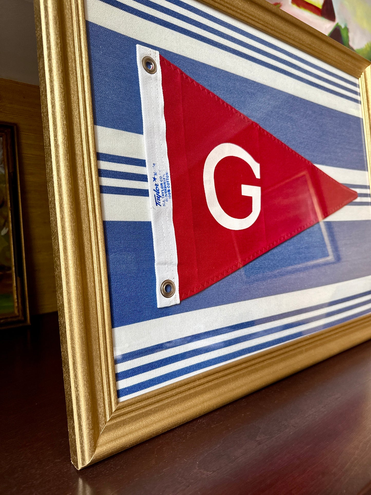 Vintage "G" Initial Canvas Burgee Nautical Flag on Blue White Stars in Gold Frame