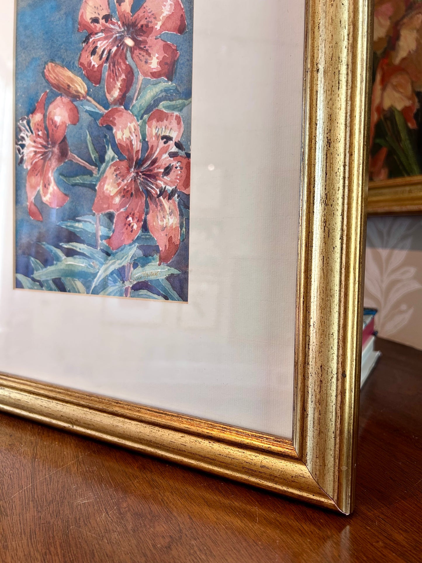 Susan Bourne Botanical Orange Tiger Lillies I Watercolor Painting In Gold Frame