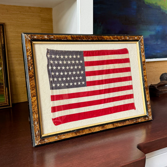 Vintage 48 Star American Flag on Duck Cloth in 19th Century Floral Carved Wood Frame