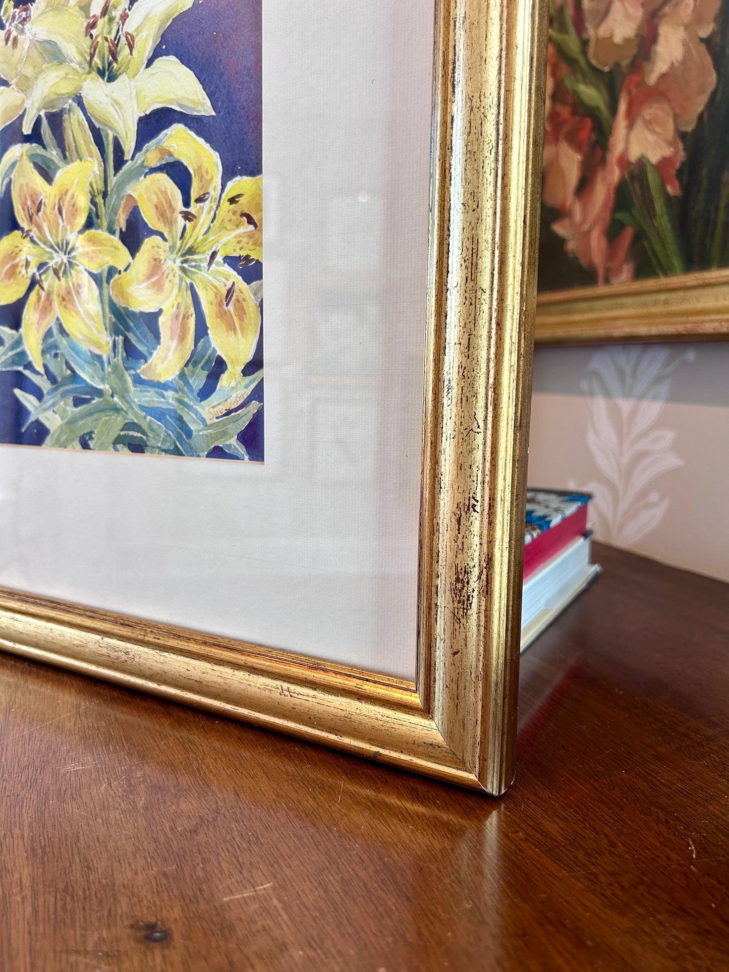 Susan Bourne Botanical Tiger Lillies I Watercolor Painting In Gold Frame