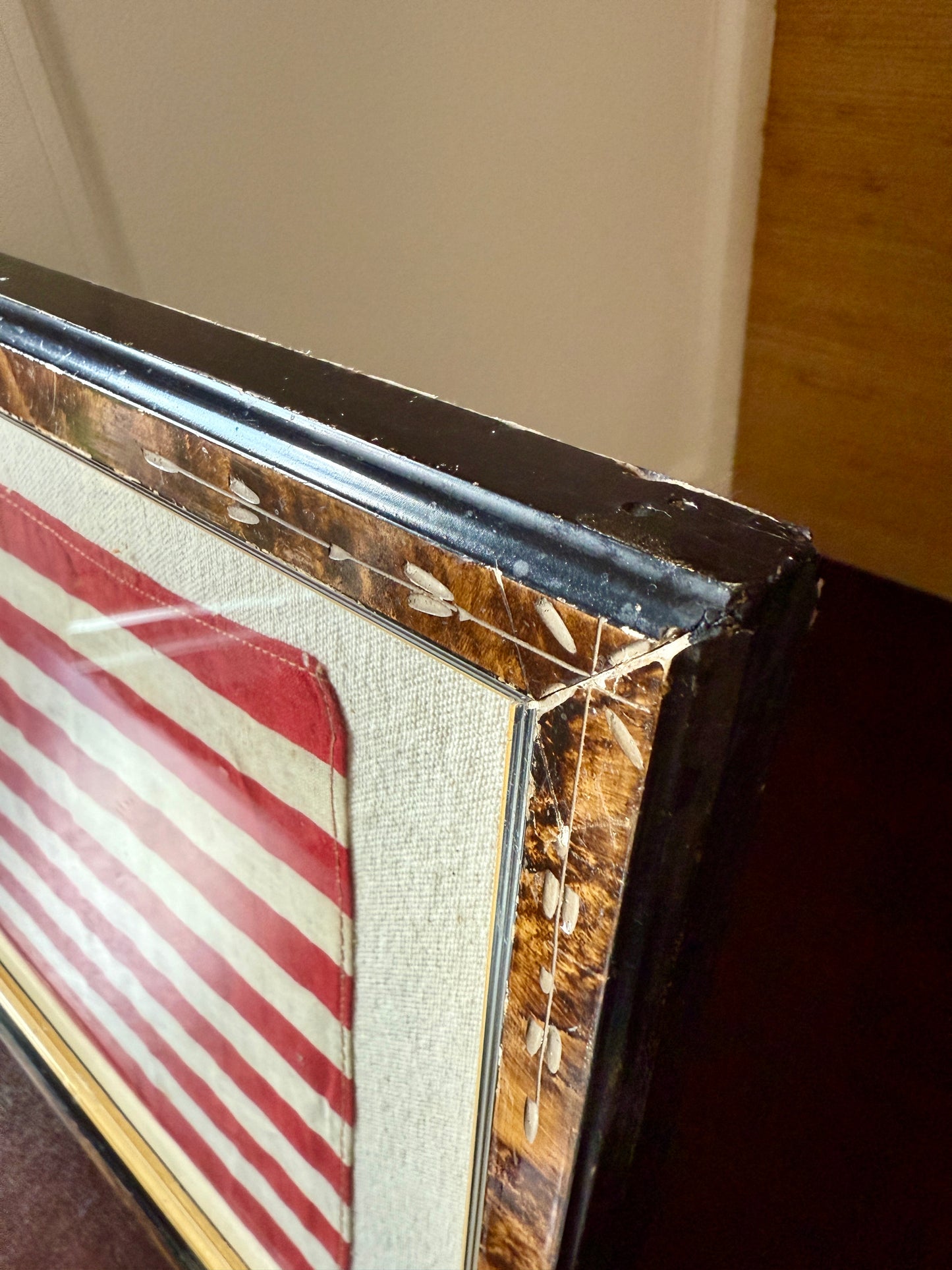 Vintage 48 Star American Flag on Duck Cloth in 19th Century Floral Carved Wood Frame