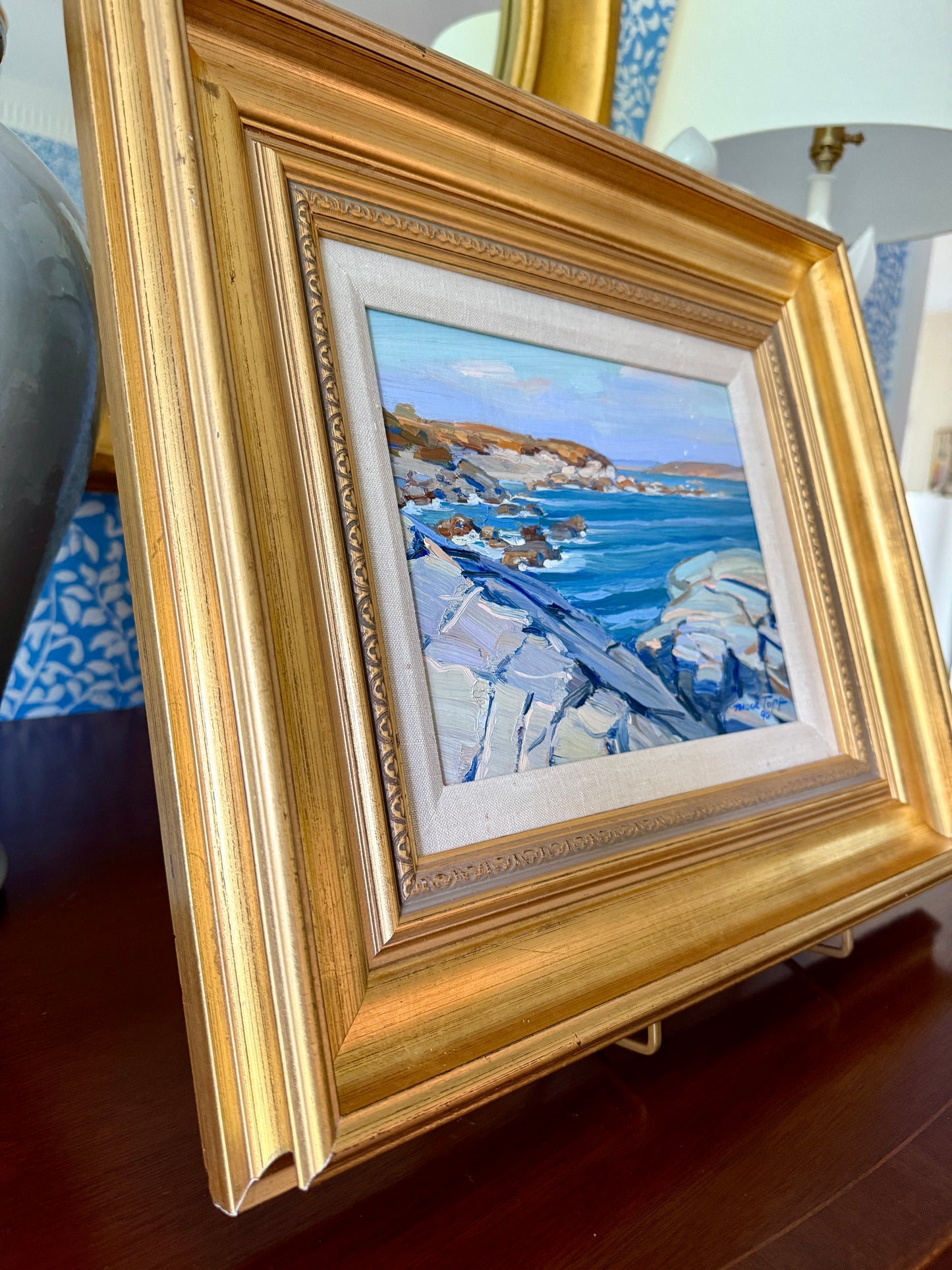 Mark Topp Sachuest Point Rhode Island Seascape Oil Painting in Gold Frame