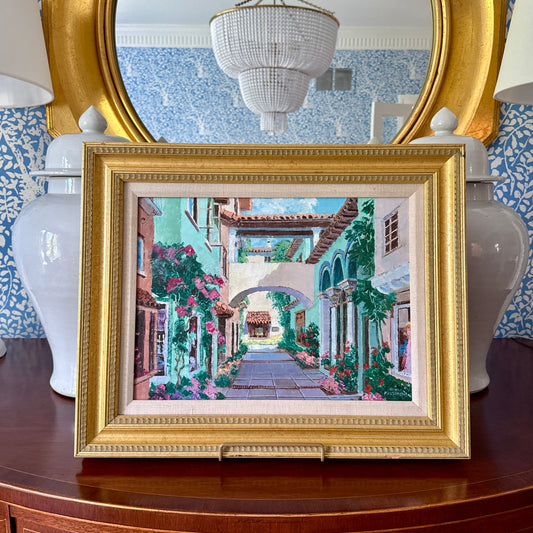 Ronni Pastorini Palm Beach Florida Bougainvillea Townscape Oil Painting in Gold Frame