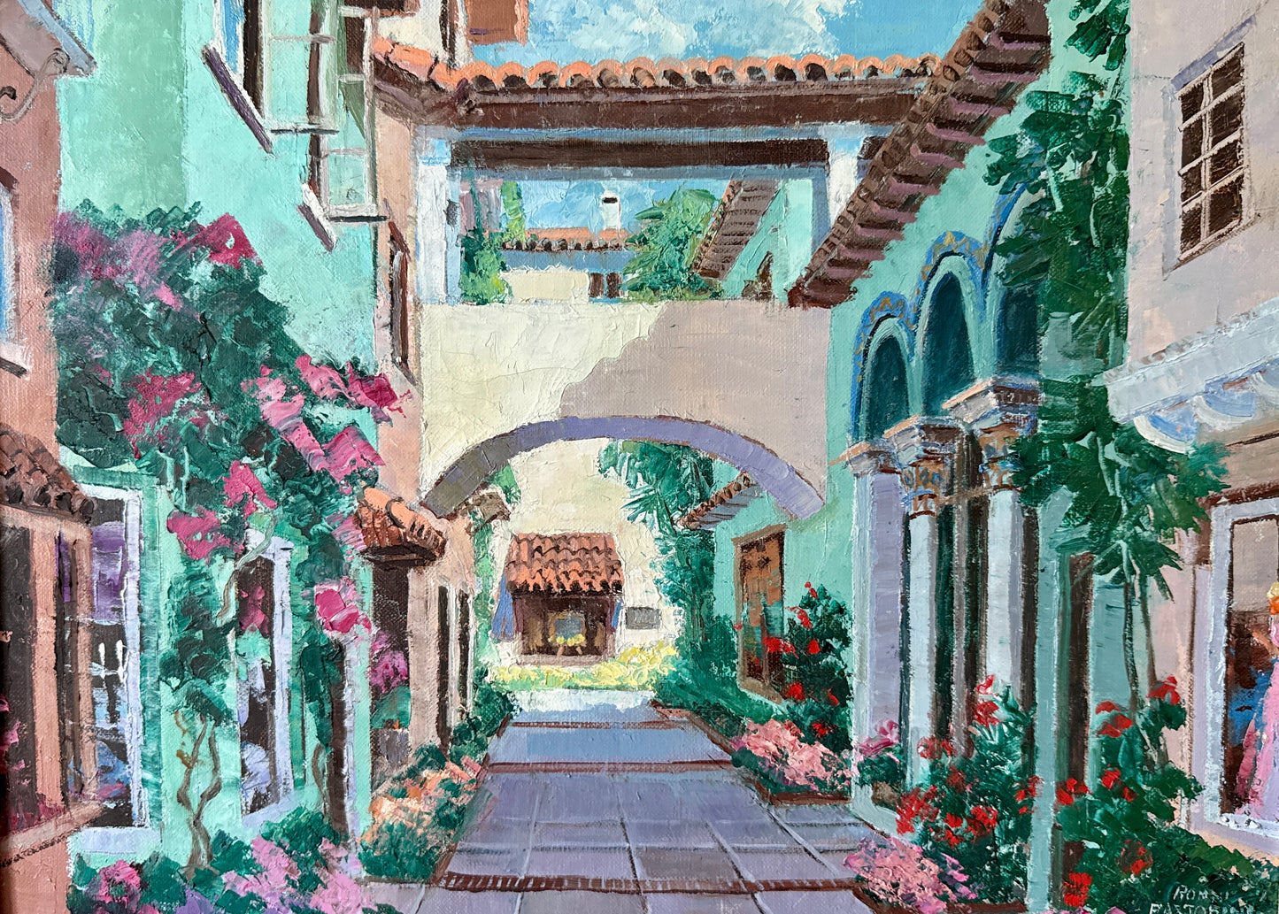 Ronni Pastorini Palm Beach Florida Bougainvillea Townscape Oil Painting in Gold Frame