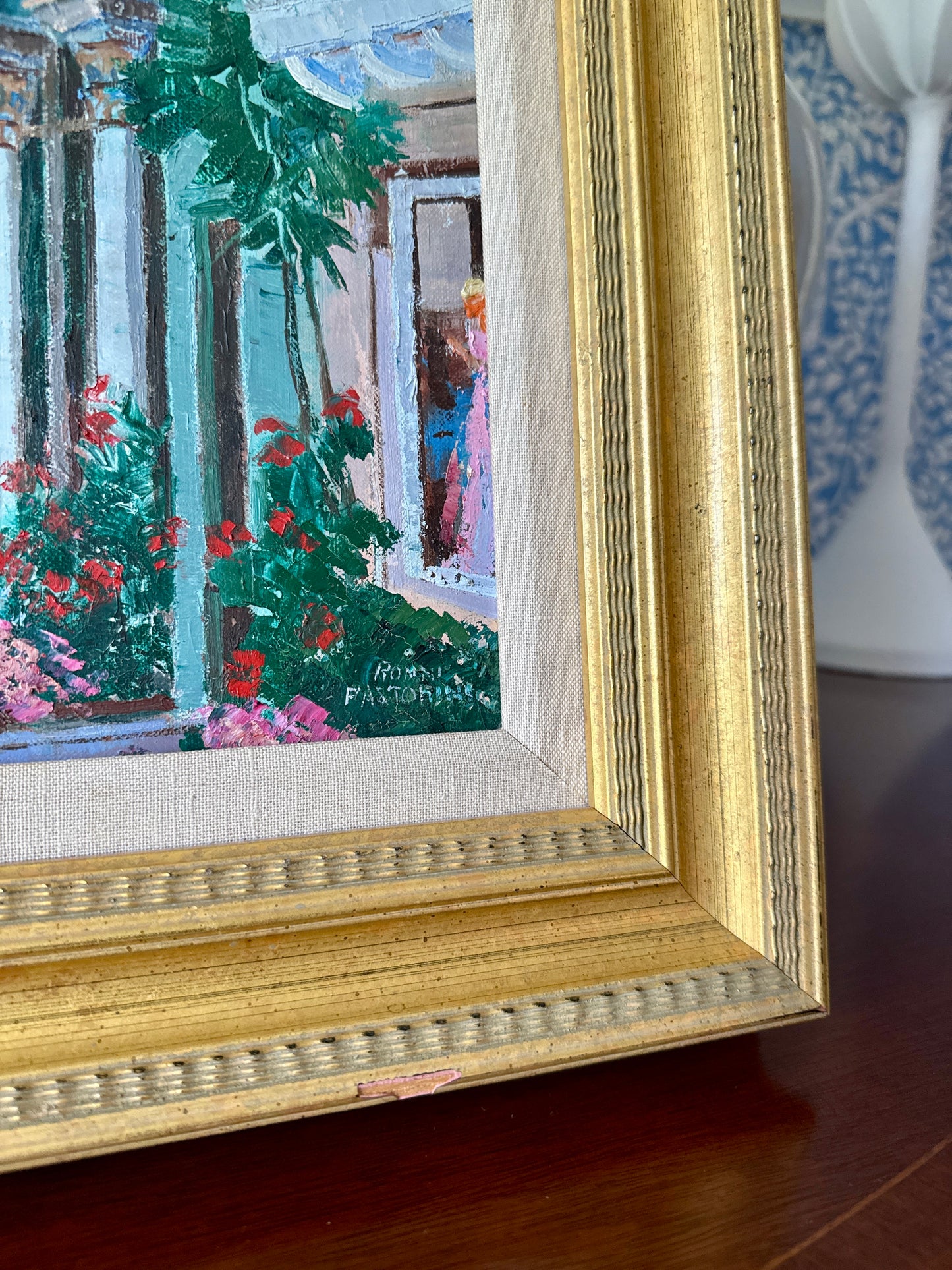 Ronni Pastorini Palm Beach Florida Bougainvillea Townscape Oil Painting in Gold Frame