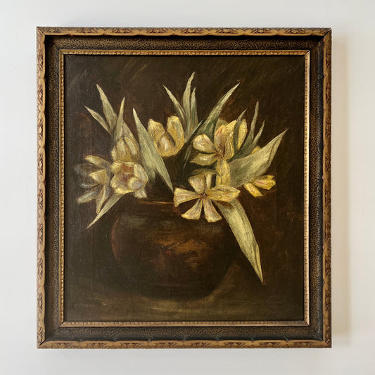 Antique Yellow Tulips in Stoneware Vase Dark Still Life Painting in Carved Frame