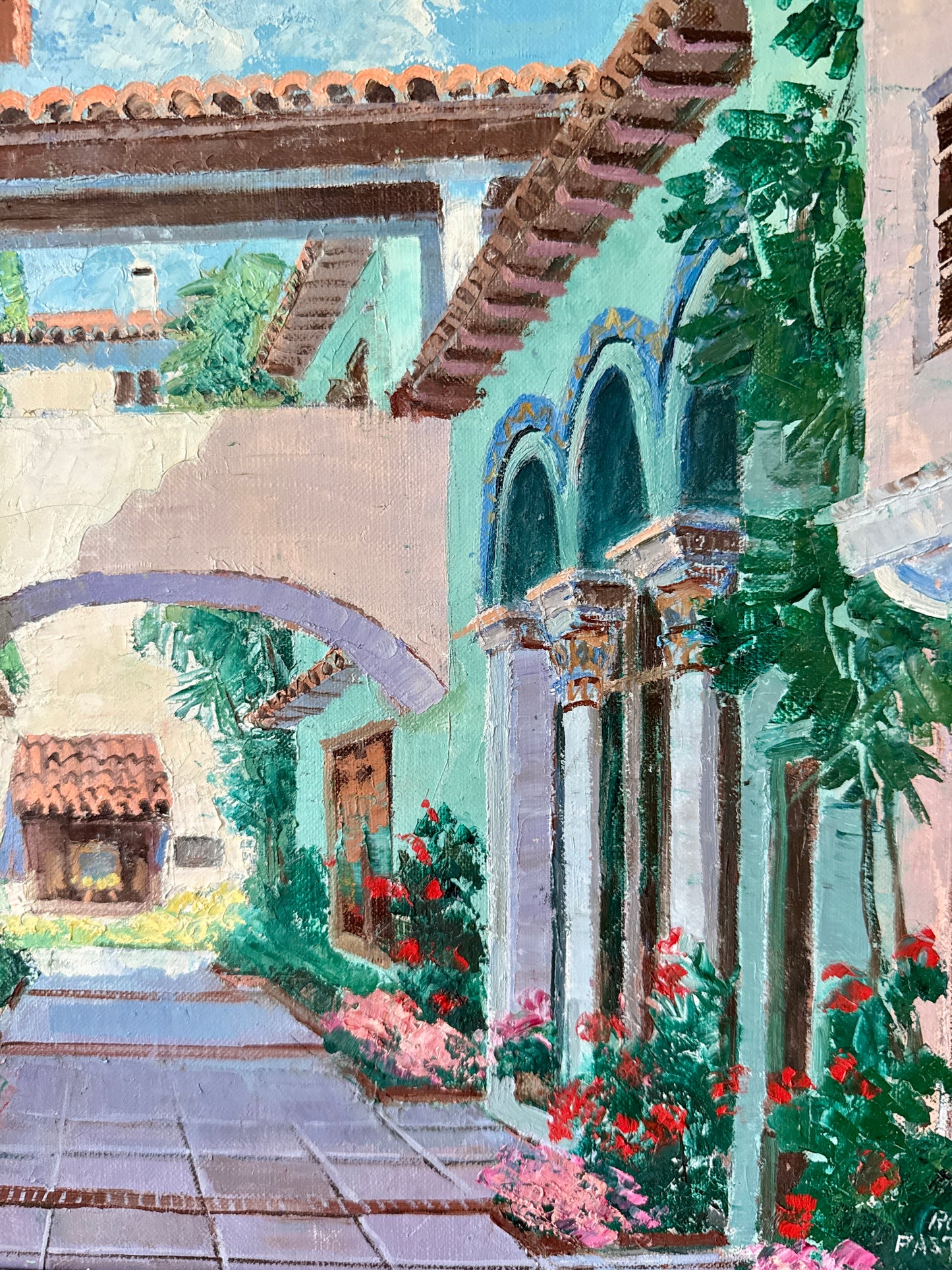 Ronni Pastorini Palm Beach Florida Bougainvillea Townscape Oil Painting in Gold Frame