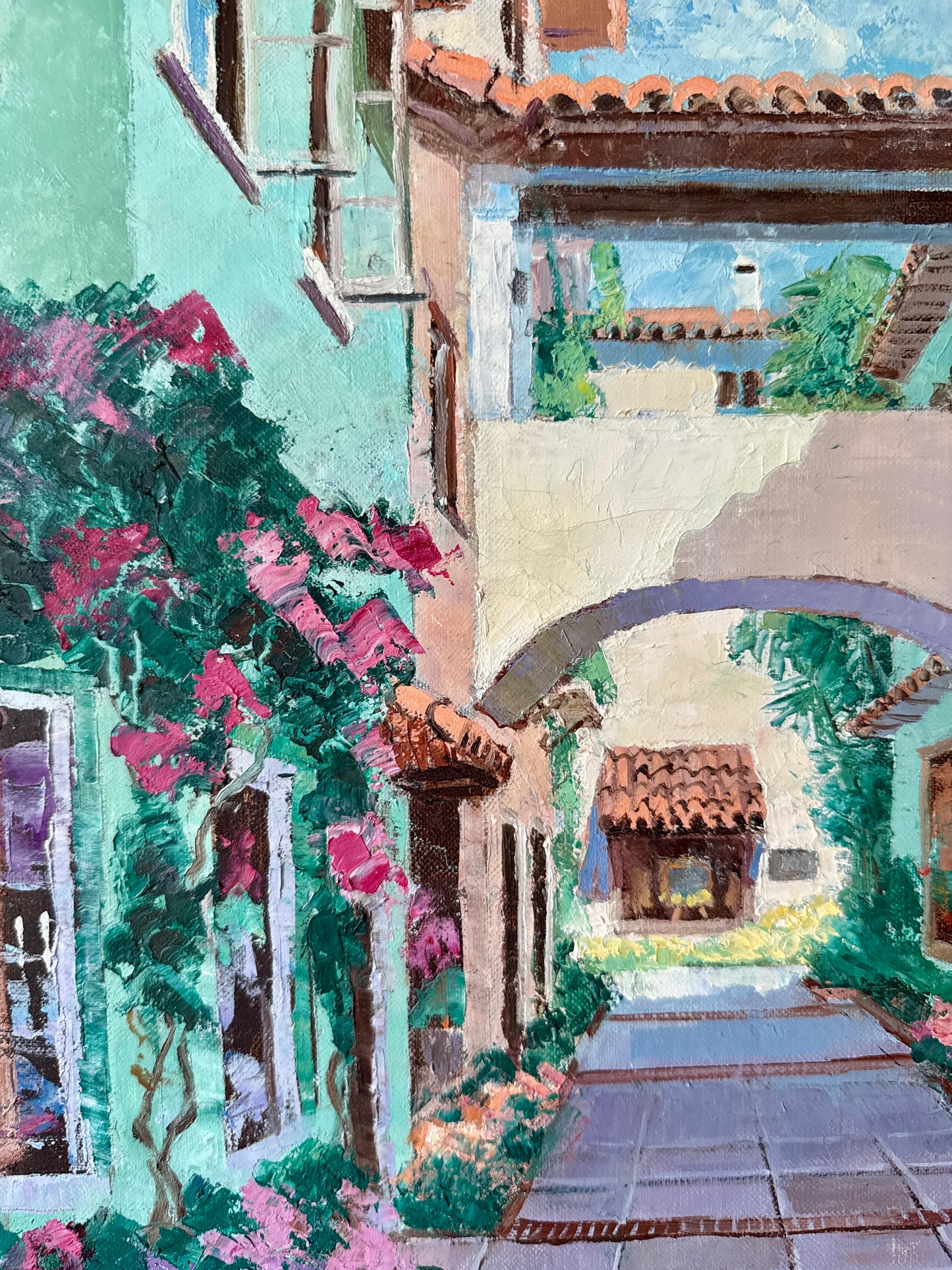 Ronni Pastorini Palm Beach Florida Bougainvillea Townscape Oil Painting in Gold Frame