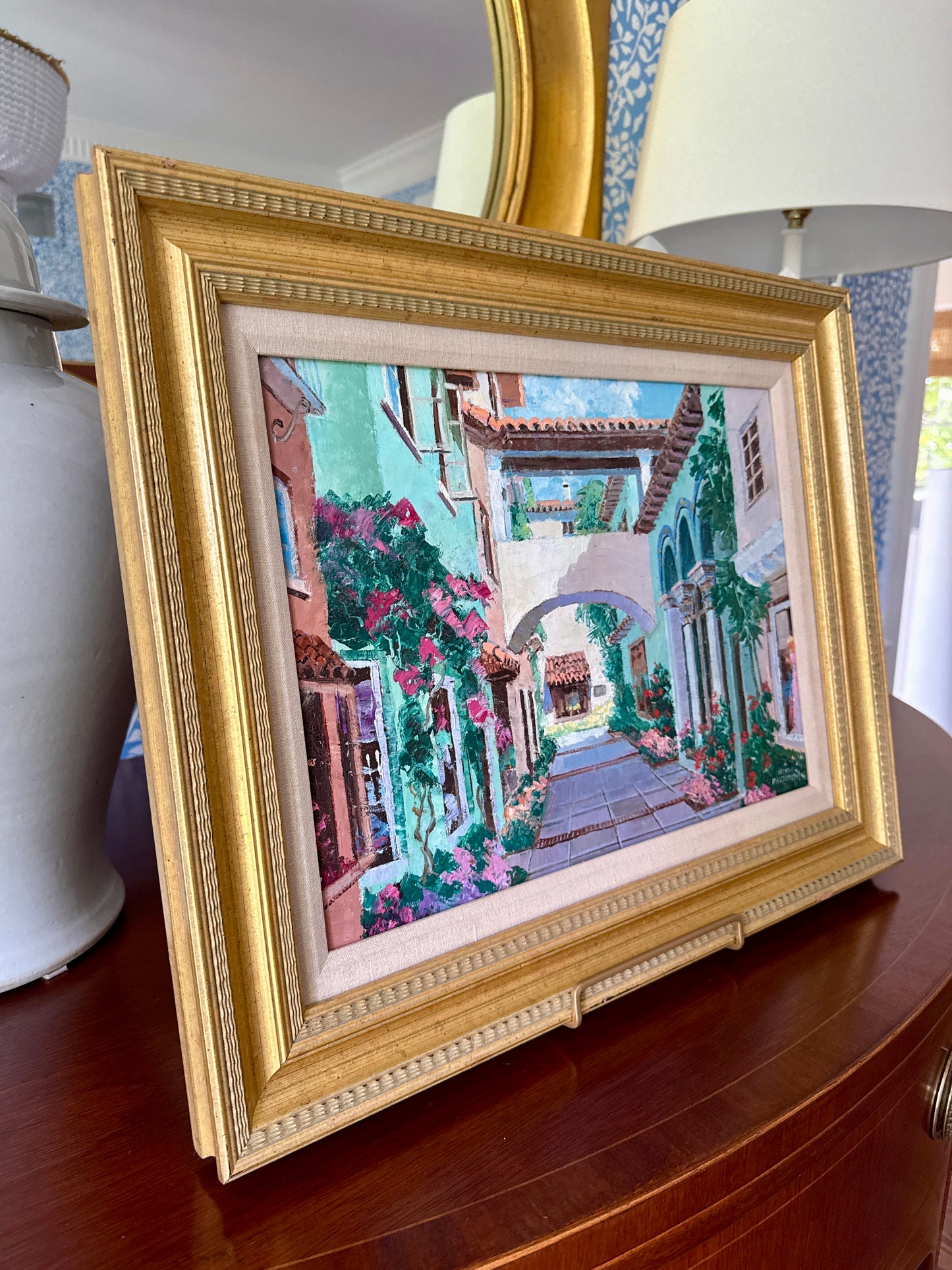 Ronni Pastorini Palm Beach Florida Bougainvillea Townscape Oil Painting in Gold Frame