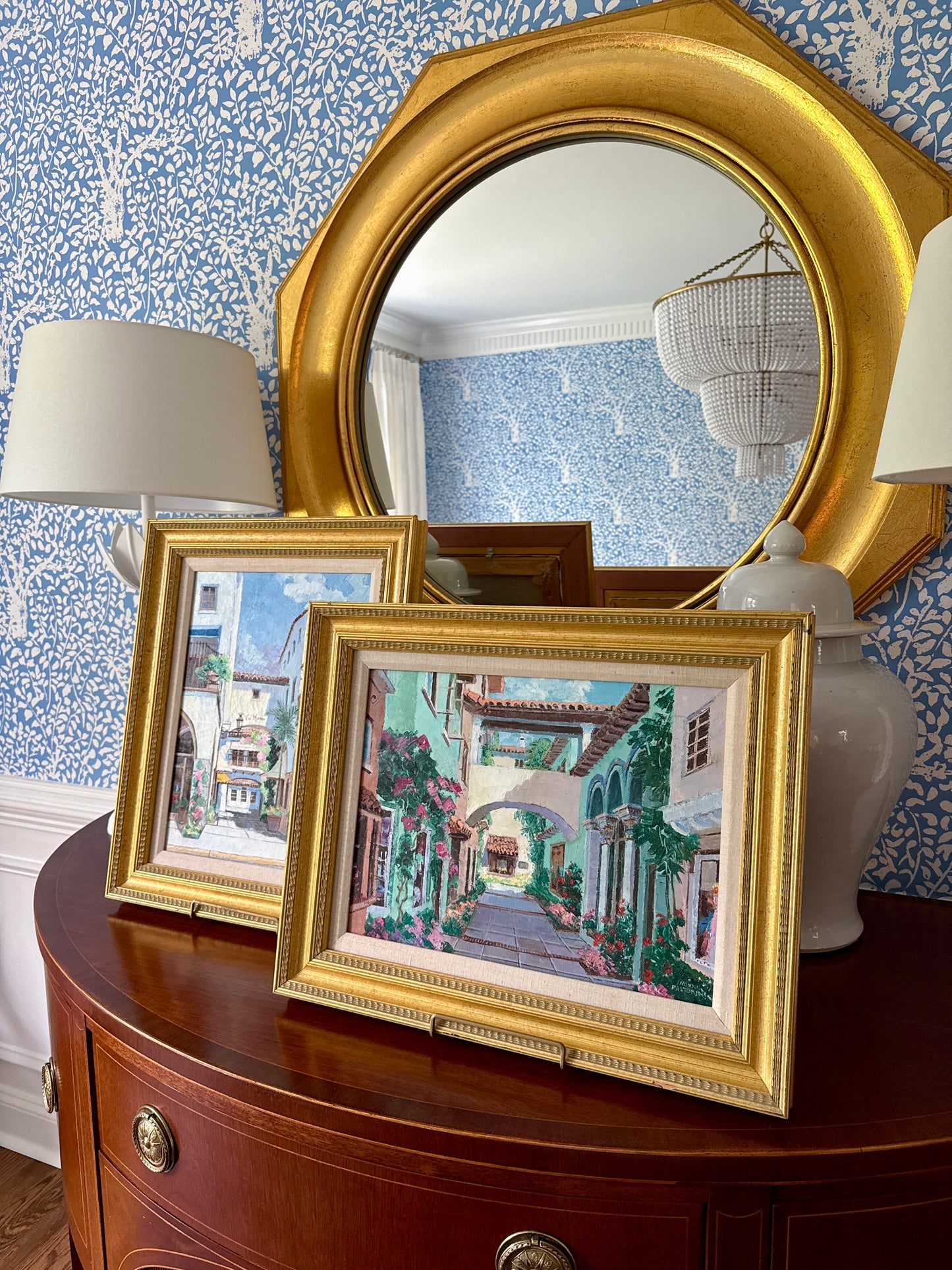 Ronni Pastorini Palm Beach Florida Bougainvillea Townscape Oil Painting in Gold Frame