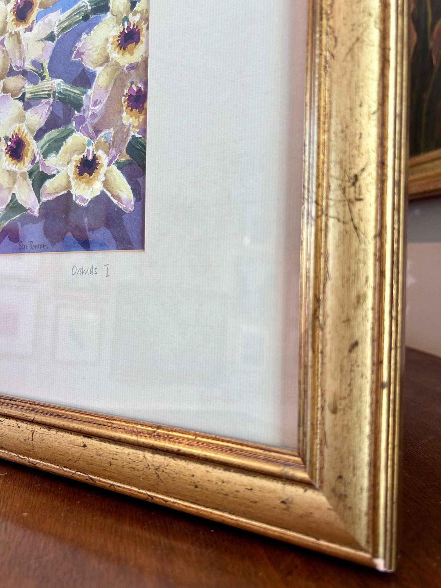 Susan Bourne Botanical Orchids I Watercolor Painting In Gold Frame