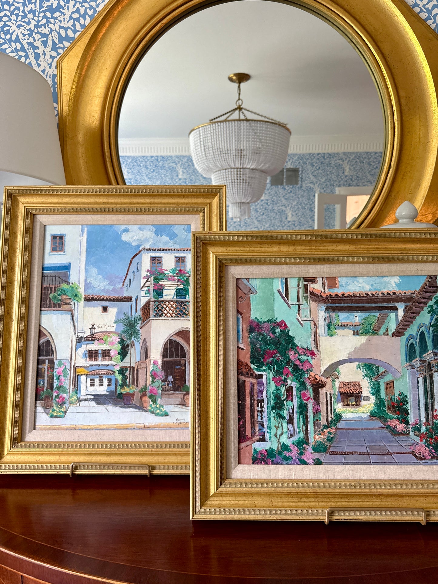Ronni Pastorini Palm Beach Florida Via Mizner Townscape Oil Painting in Gold Frame
