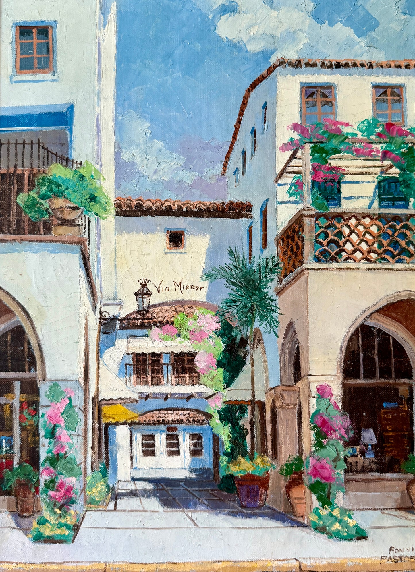 Ronni Pastorini Palm Beach Florida Via Mizner Townscape Oil Painting in Gold Frame