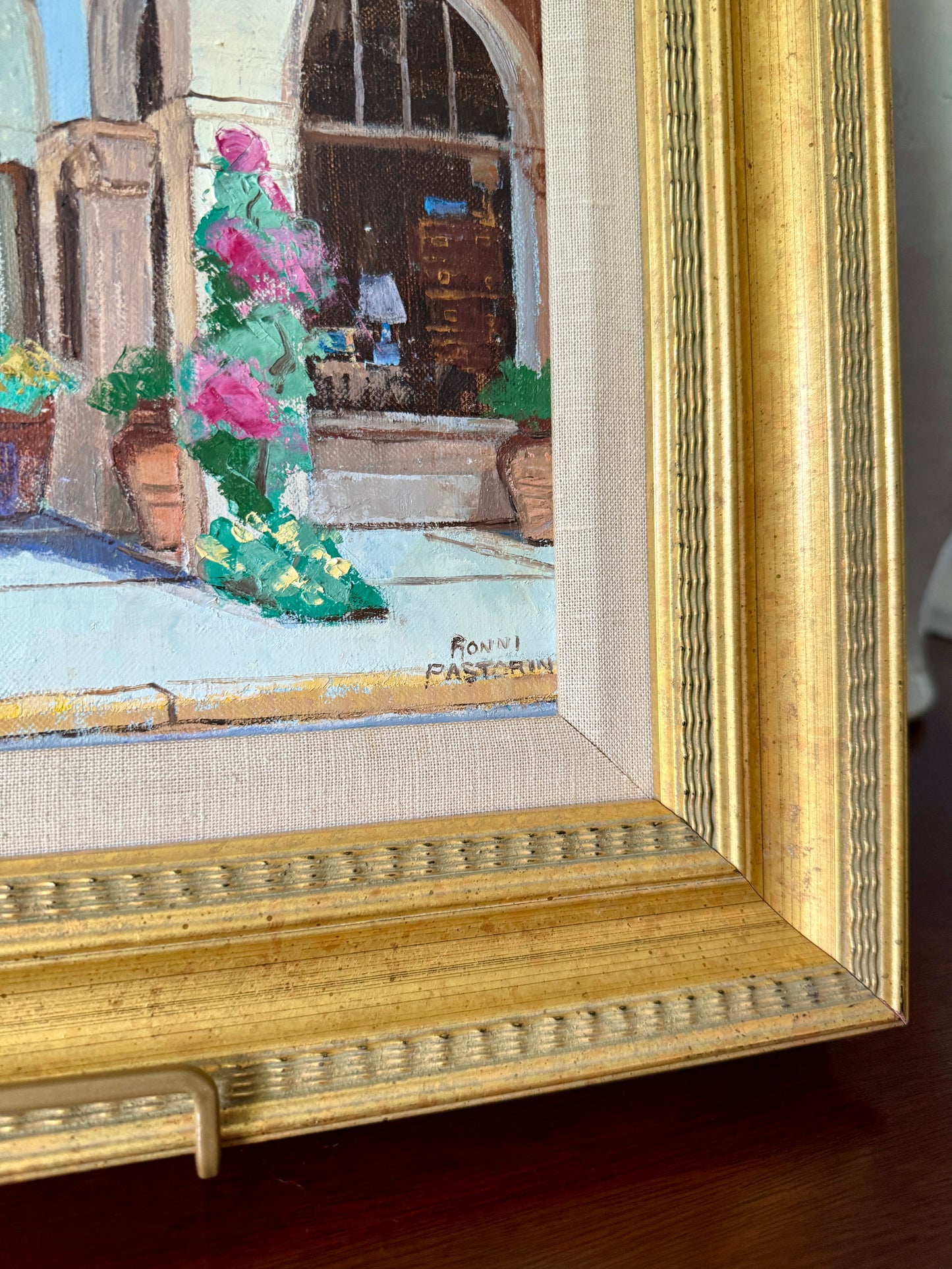 Ronni Pastorini Palm Beach Florida Via Mizner Townscape Oil Painting in Gold Frame