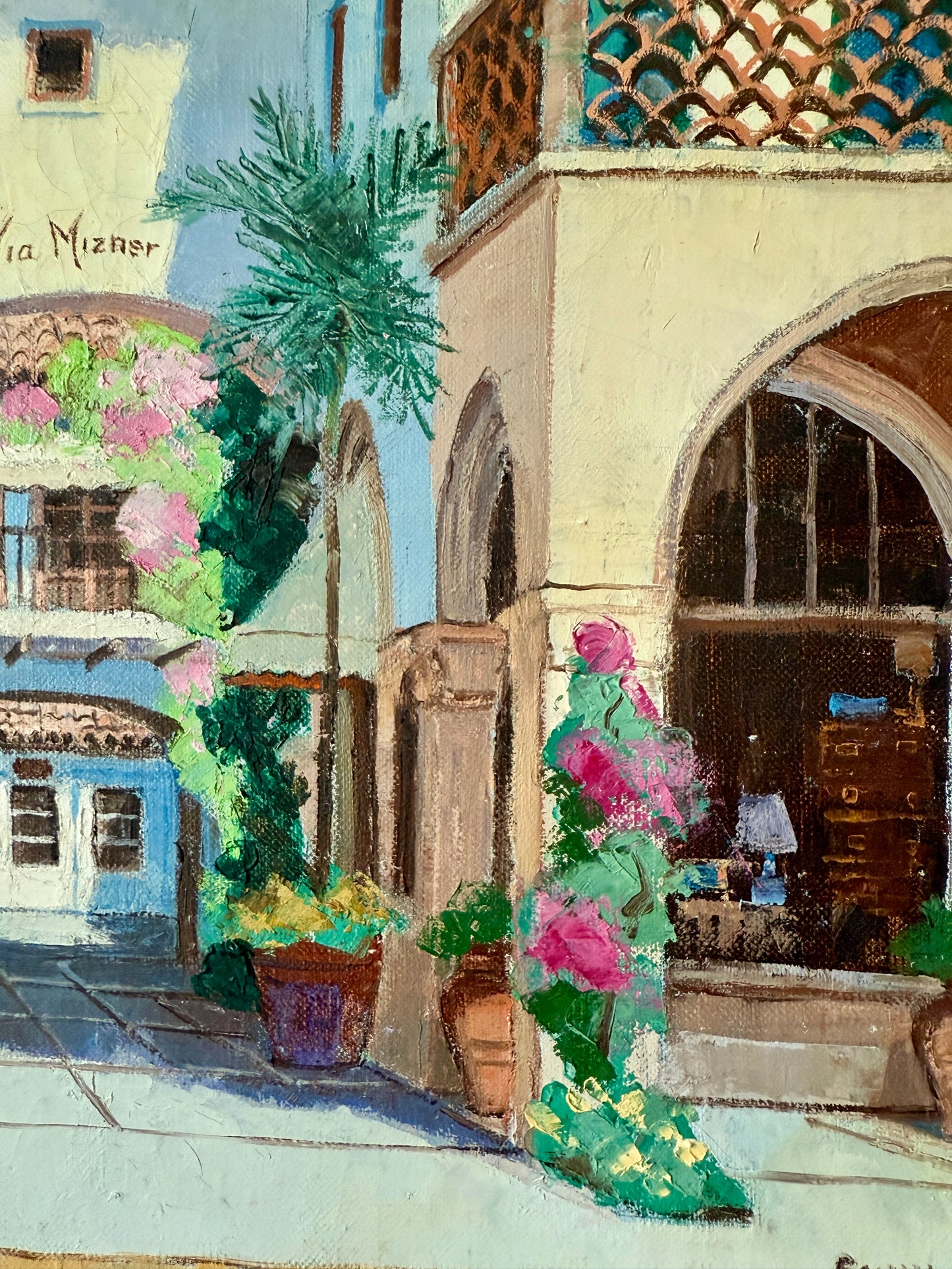 Ronni Pastorini Palm Beach Florida Via Mizner Townscape Oil Painting in Gold Frame