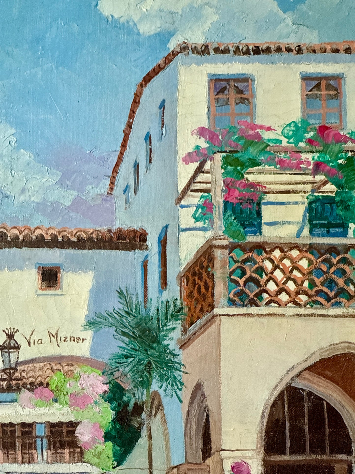 Ronni Pastorini Palm Beach Florida Via Mizner Townscape Oil Painting in Gold Frame