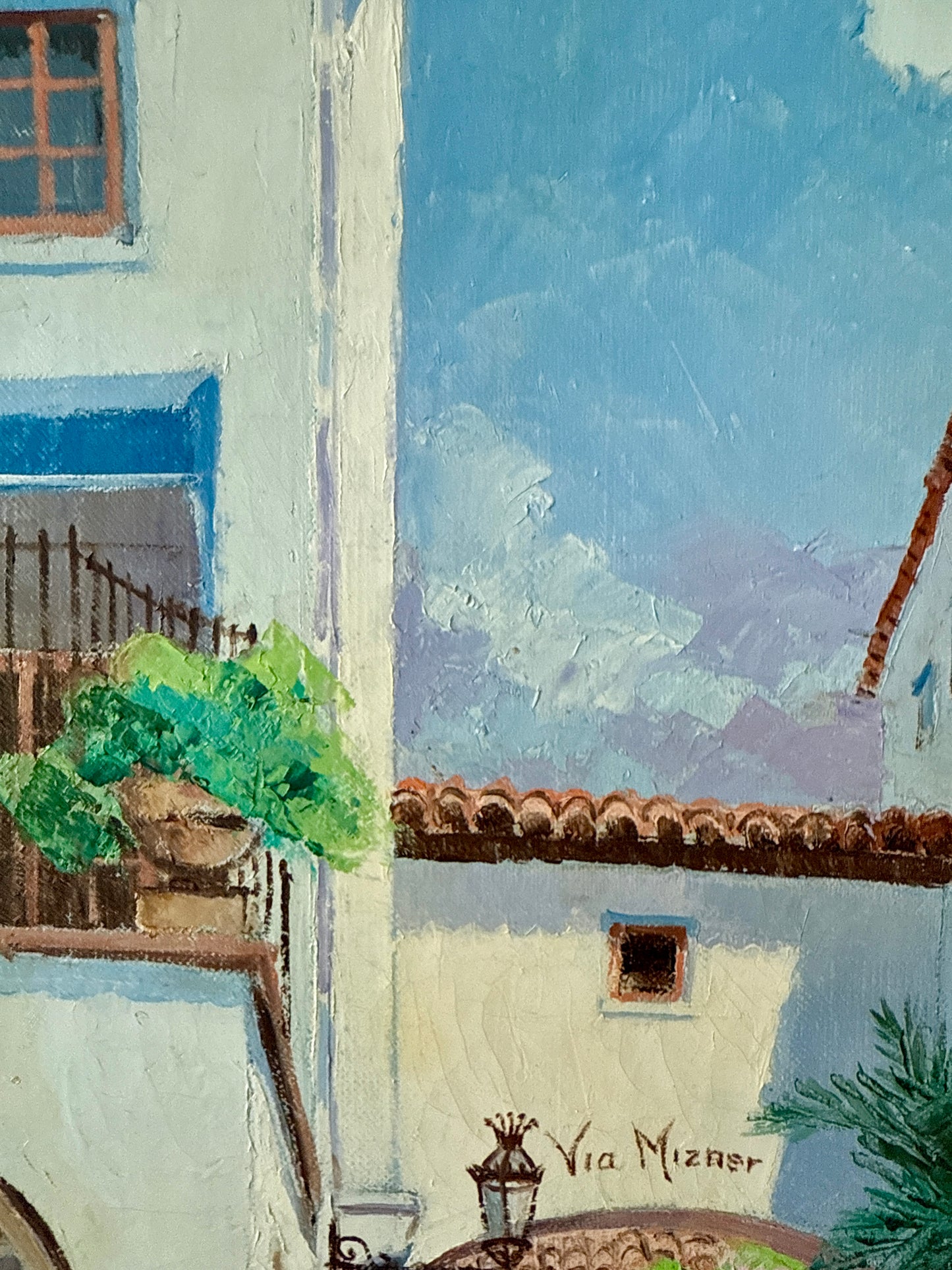 Ronni Pastorini Palm Beach Florida Via Mizner Townscape Oil Painting in Gold Frame