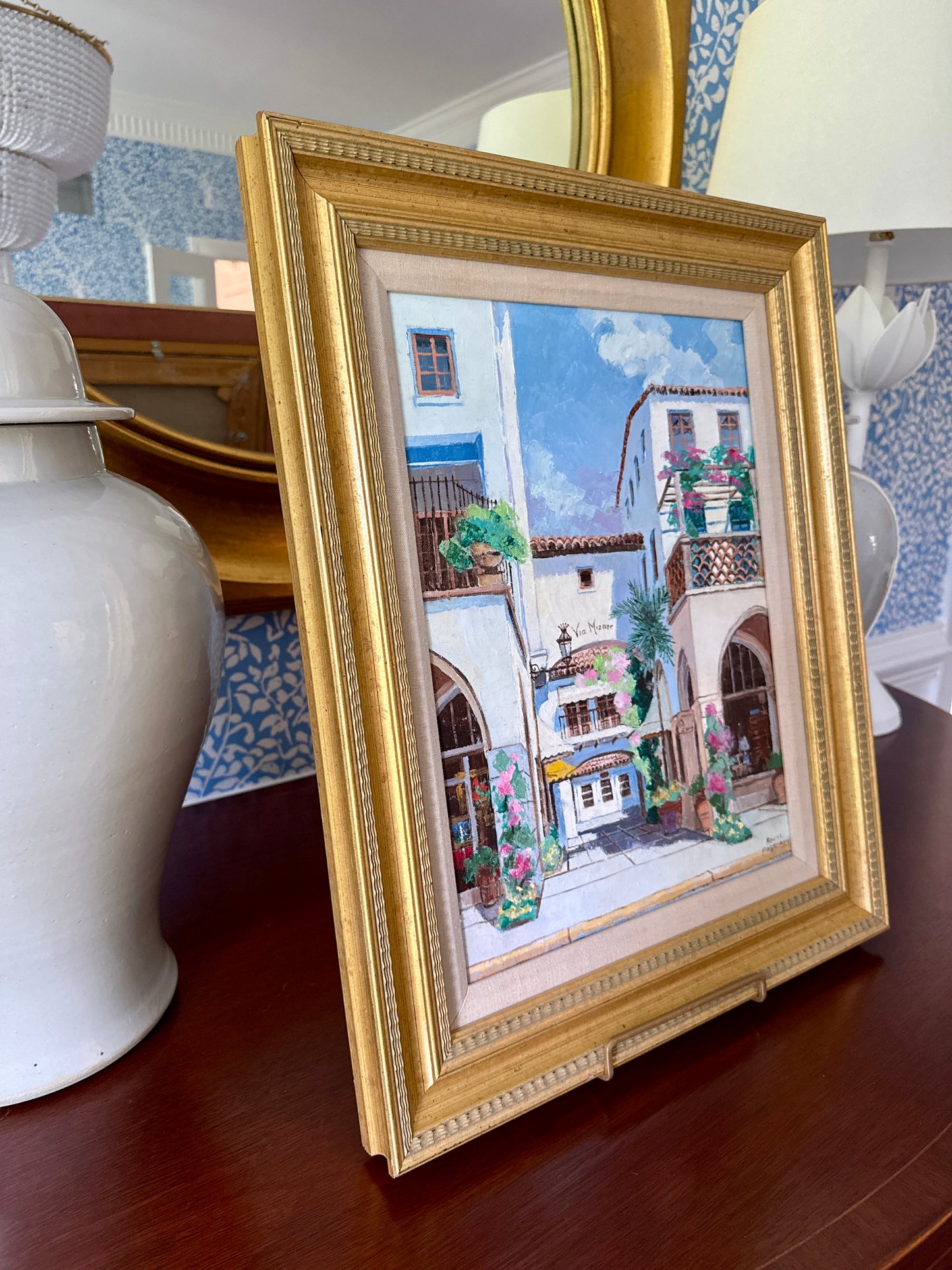 Ronni Pastorini Palm Beach Florida Via Mizner Townscape Oil Painting in Gold Frame