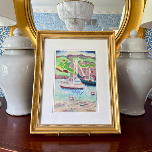 Deborah Beckwith Winship Monhegan Harbor Maine Abstracted Seascape with Sailboat Oil in Gold Frame