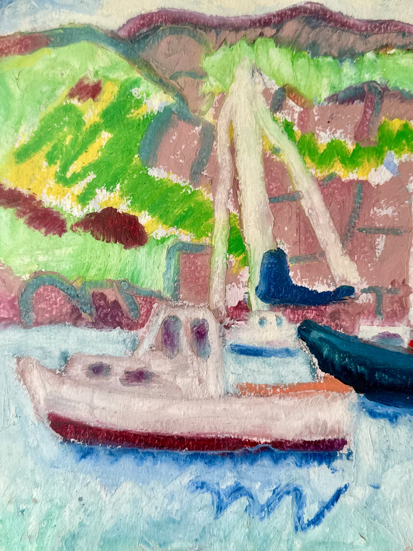Deborah Beckwith Winship Monhegan Harbor Maine Abstracted Seascape with Sailboat Oil in Gold Frame