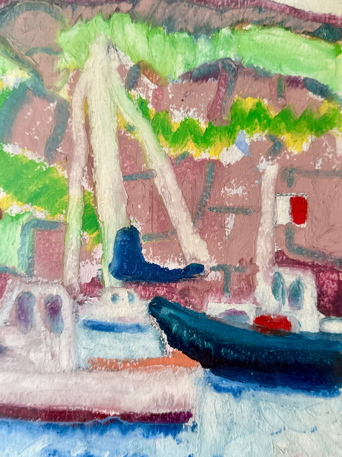 Deborah Beckwith Winship Monhegan Harbor Maine Abstracted Seascape with Sailboat Oil in Gold Frame