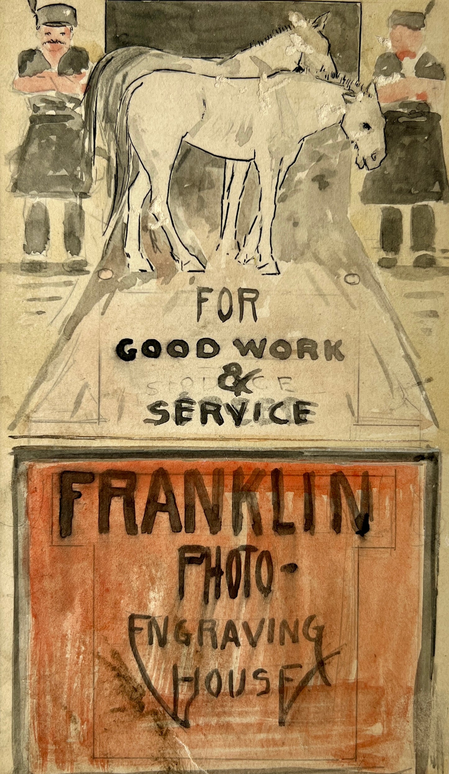 1912 Philadelphia's Franklin Photo-Engraving House Original Watercolor Painting Advertisement in Gold Frame