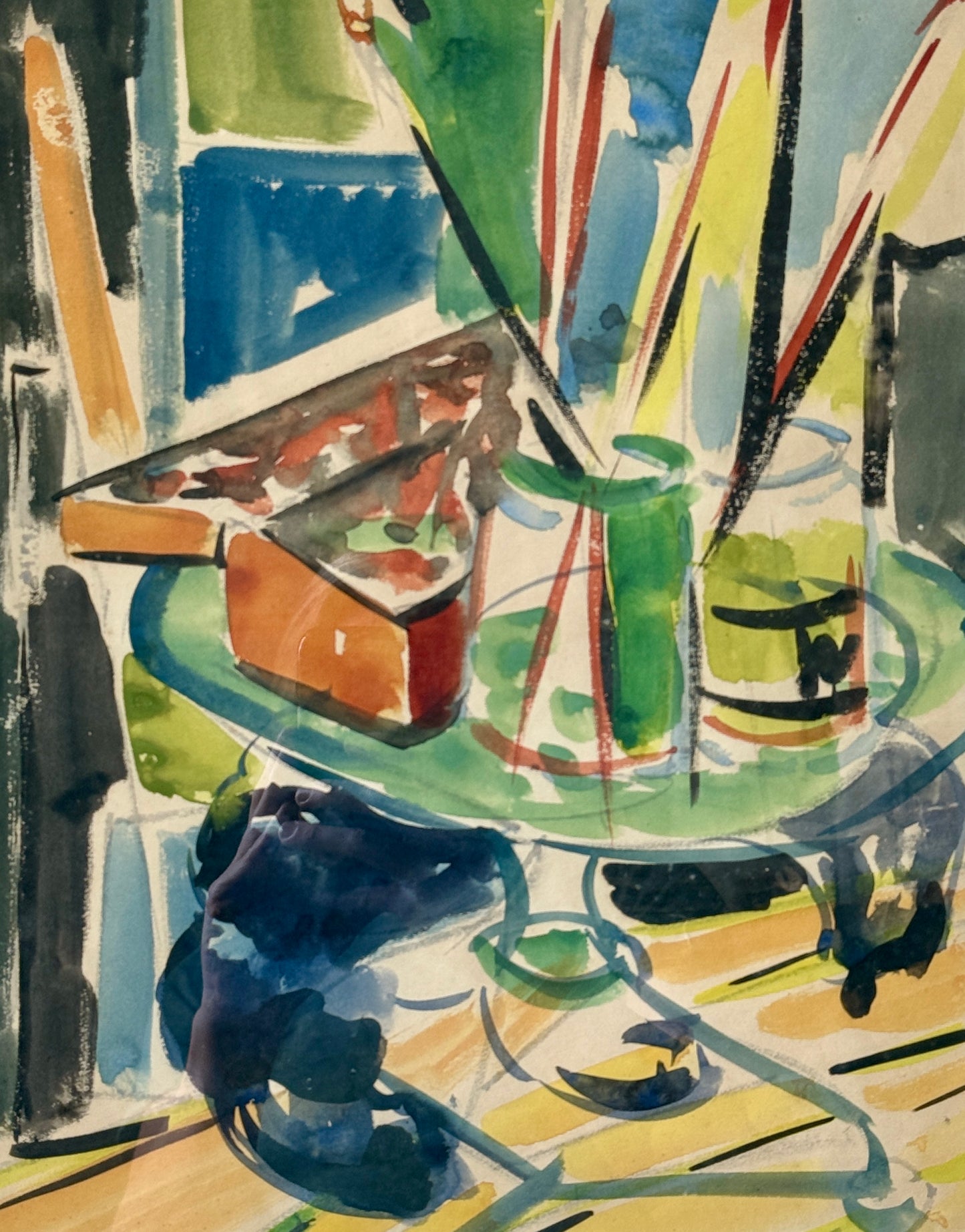 Richard Derby Tucker Abstract Colorful Still Life Watercolor Painting in Wood Frame