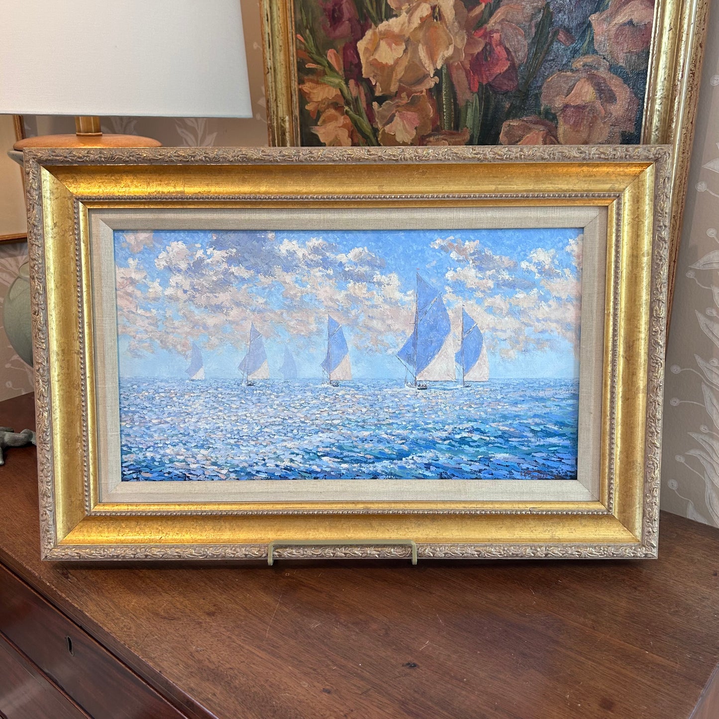 Anthony R. Thompson Yachts on a Painted Ocean Seascape Oil Painting in Gold Frame