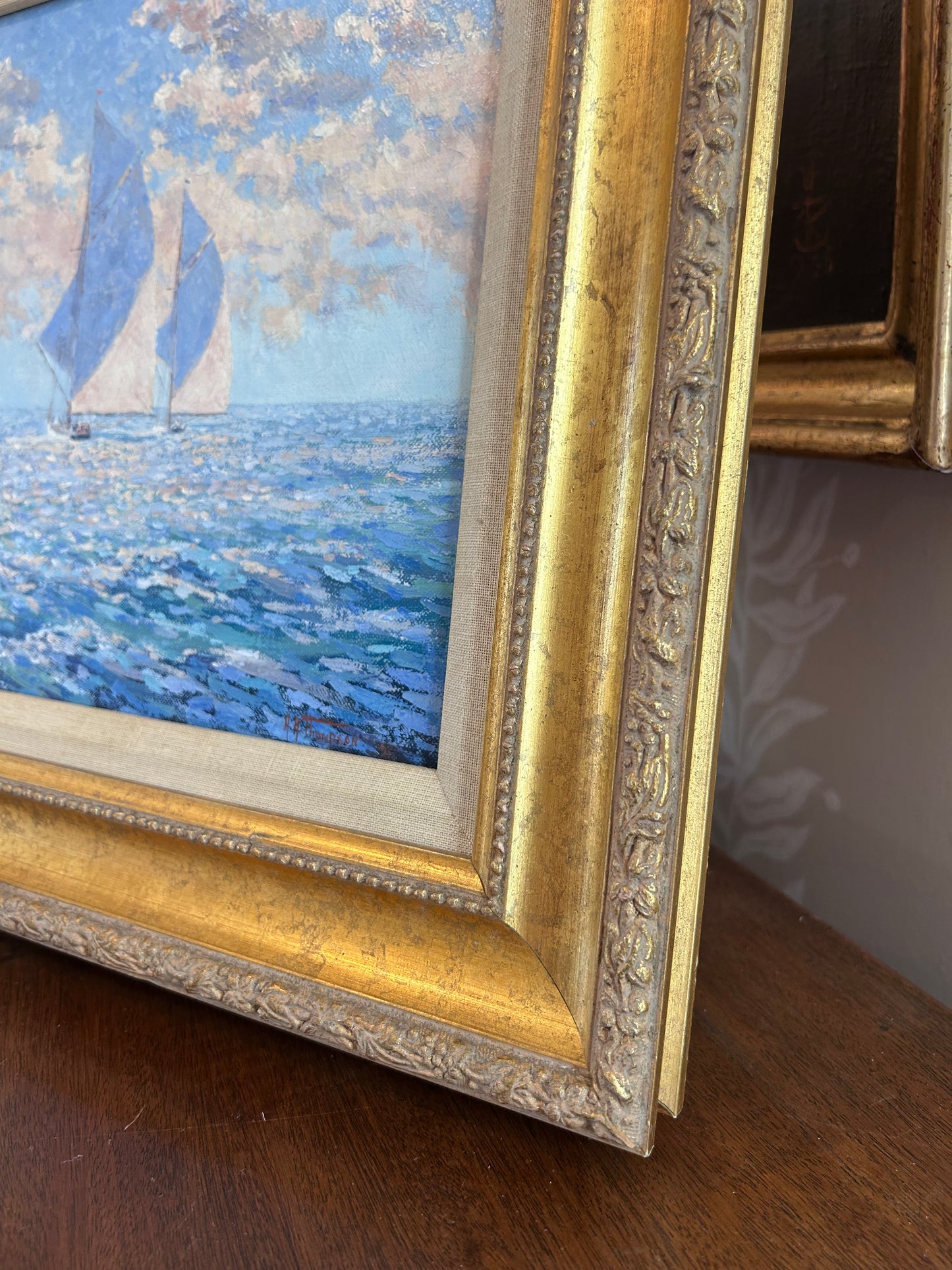 Anthony R. Thompson Yachts on a Painted Ocean Seascape Oil Painting in Gold Frame