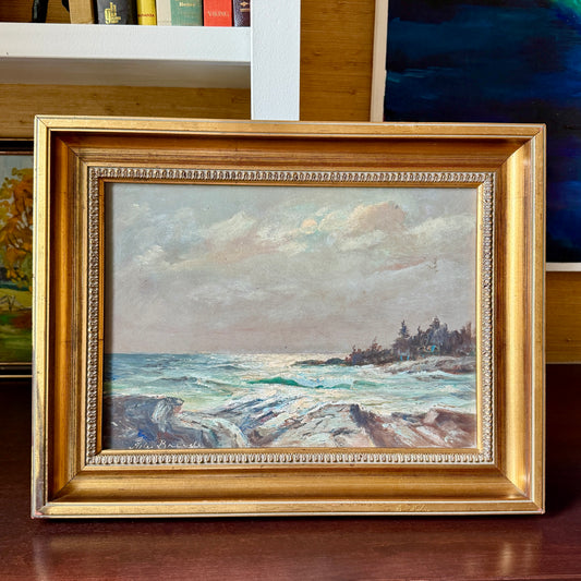 Alexander Breede Tempestuous Rocky Coastal Seascape Oil Painting in Gold Frame