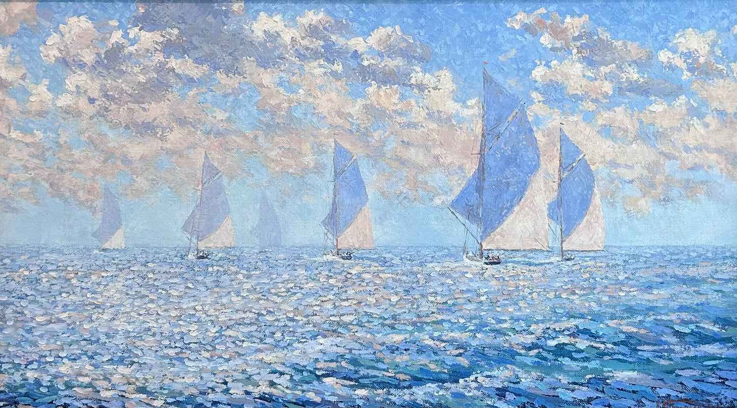 Anthony R. Thompson Yachts on a Painted Ocean Seascape Oil Painting in Gold Frame