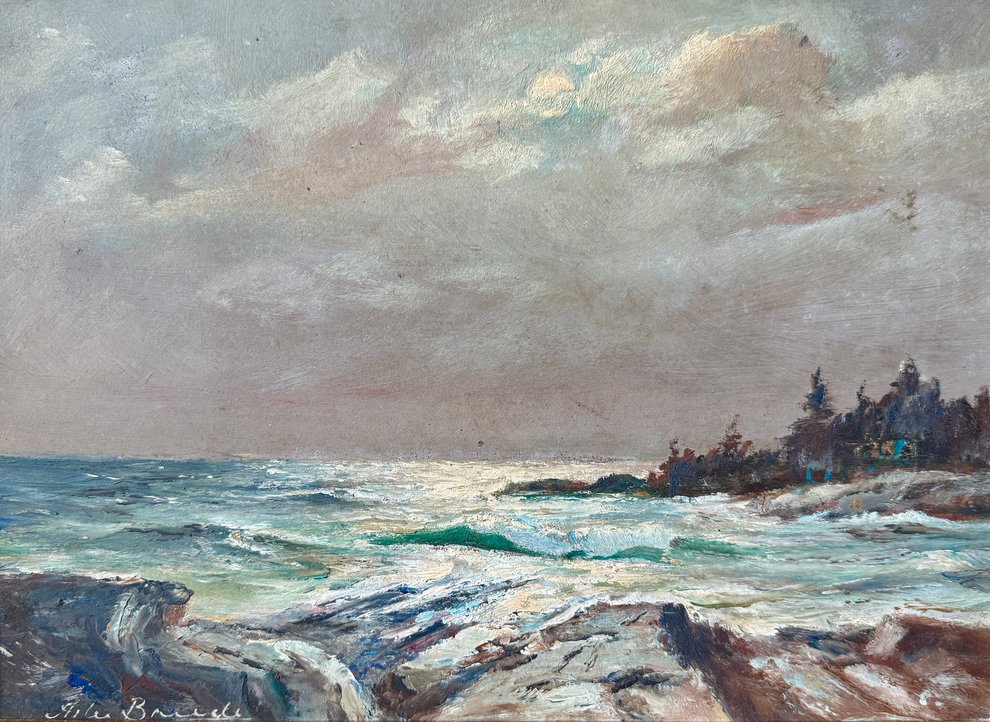 Alexander Breede Tempestuous Rocky Coastal Seascape Oil Painting in Gold Frame
