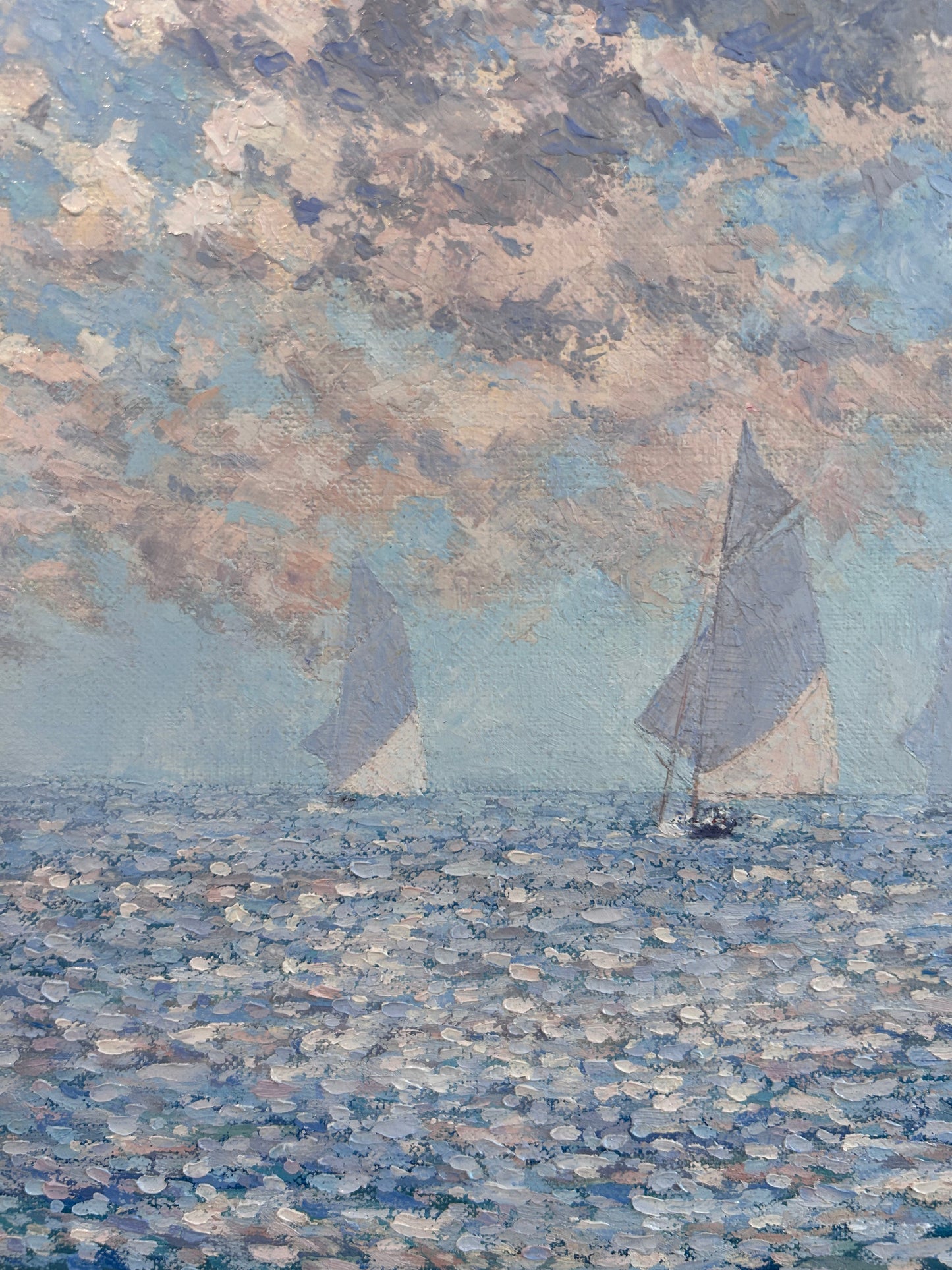 Anthony R. Thompson Yachts on a Painted Ocean Seascape Oil Painting in Gold Frame