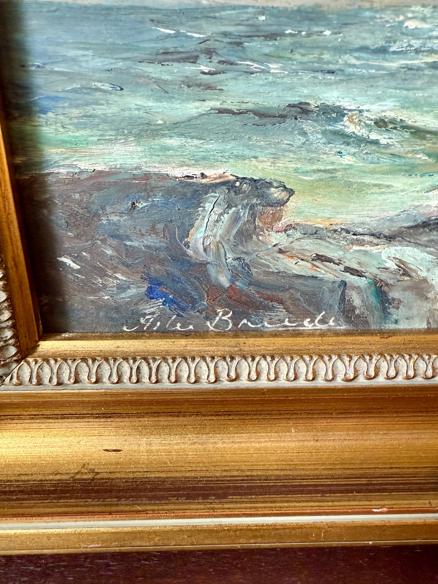 Alexander Breede Tempestuous Rocky Coastal Seascape Oil Painting in Gold Frame