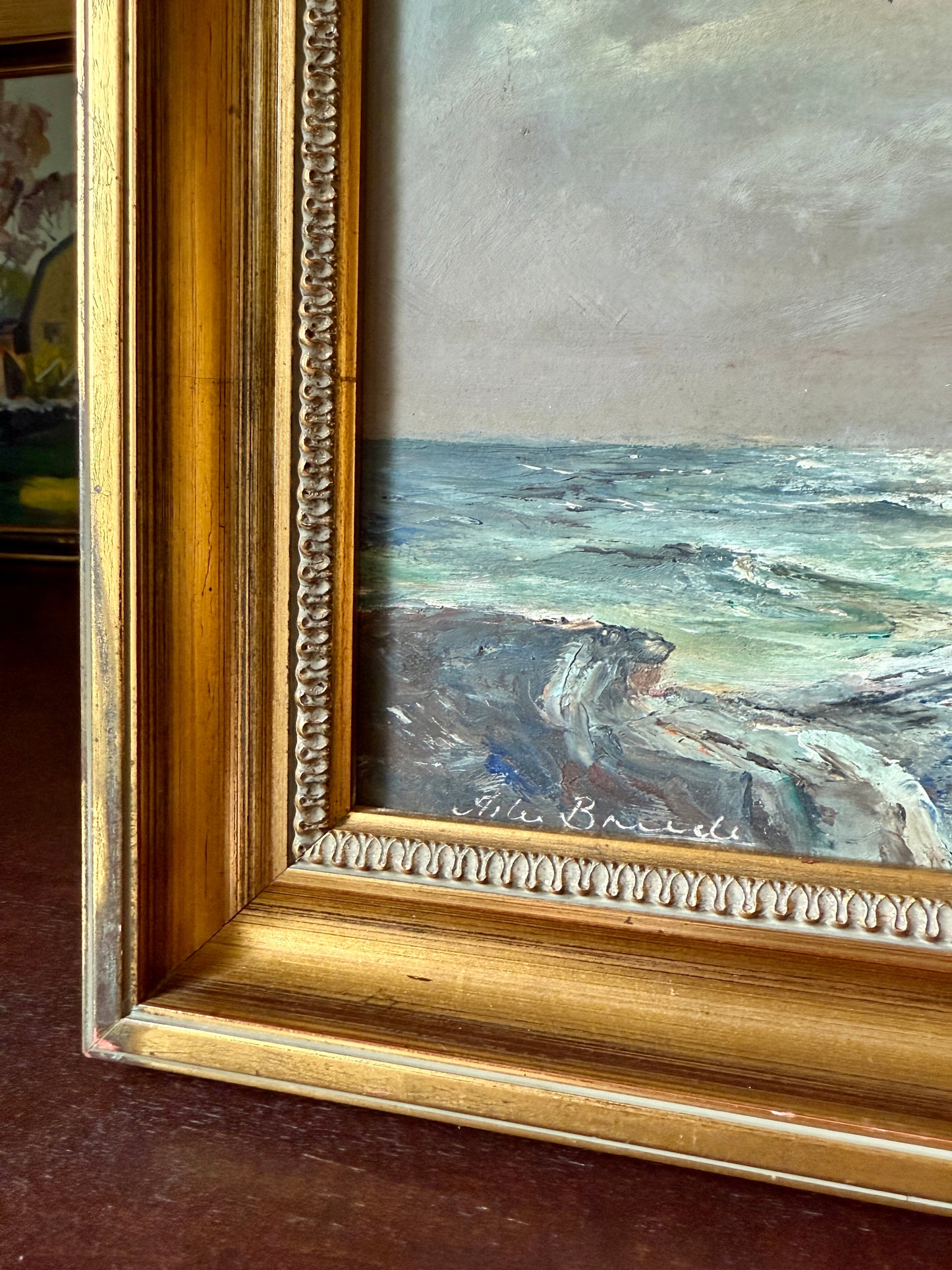 Alexander Breede Tempestuous Rocky Coastal Seascape Oil Painting in Gold Frame