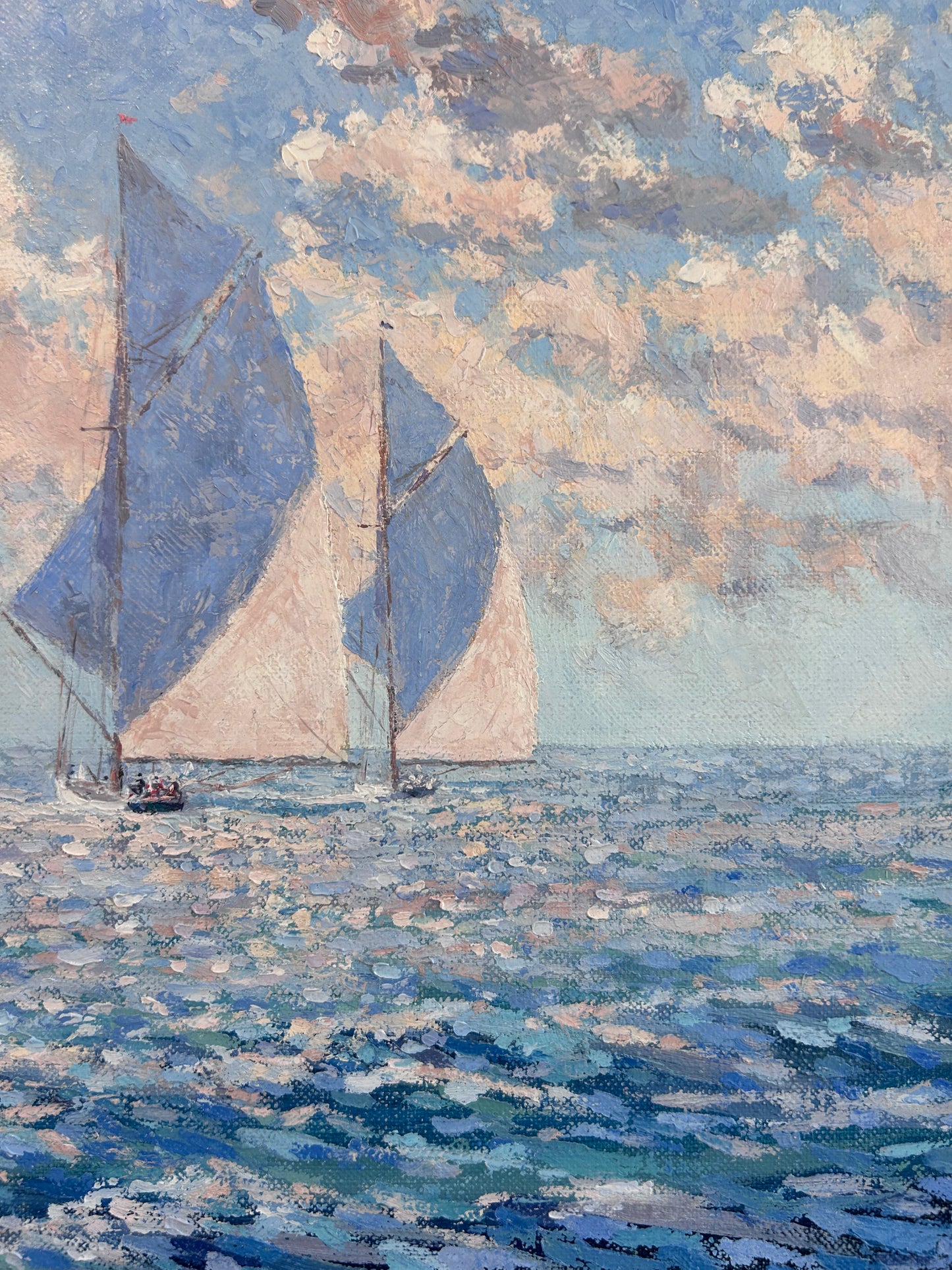 Anthony R. Thompson Yachts on a Painted Ocean Seascape Oil Painting in Gold Frame