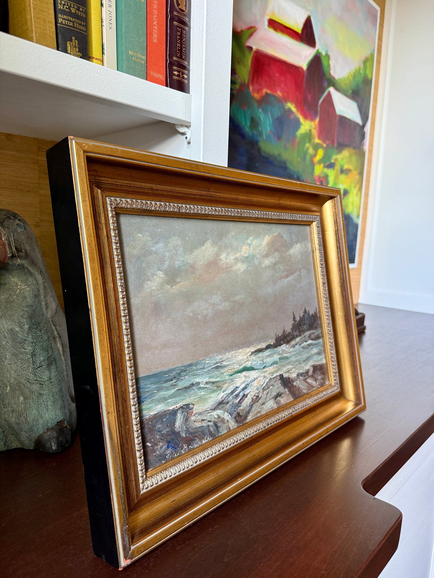 Alexander Breede Tempestuous Rocky Coastal Seascape Oil Painting in Gold Frame